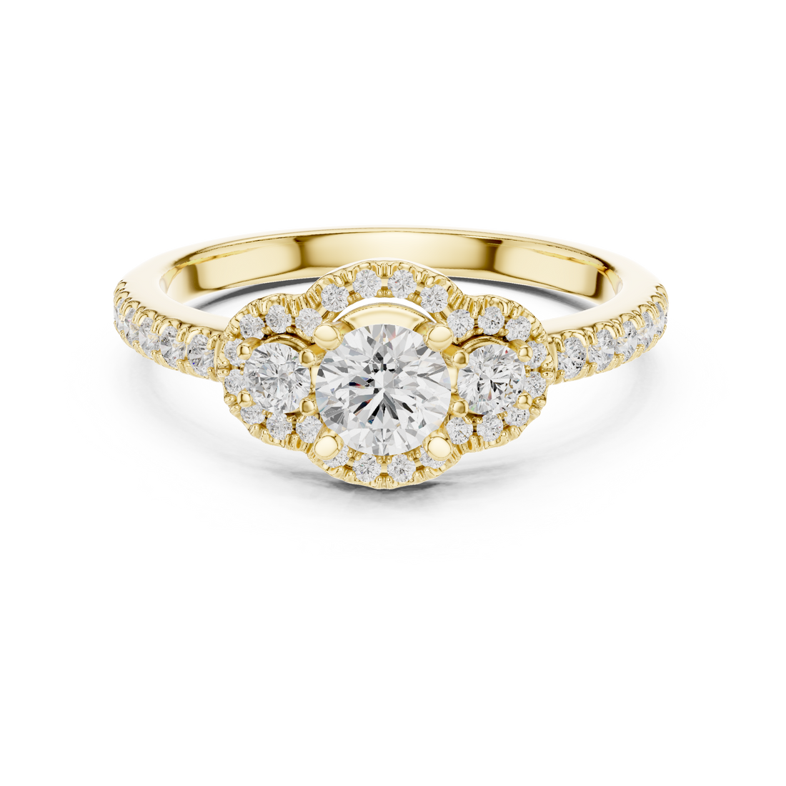 Trio Diamond Halo Ring with Sparkling Side Stones