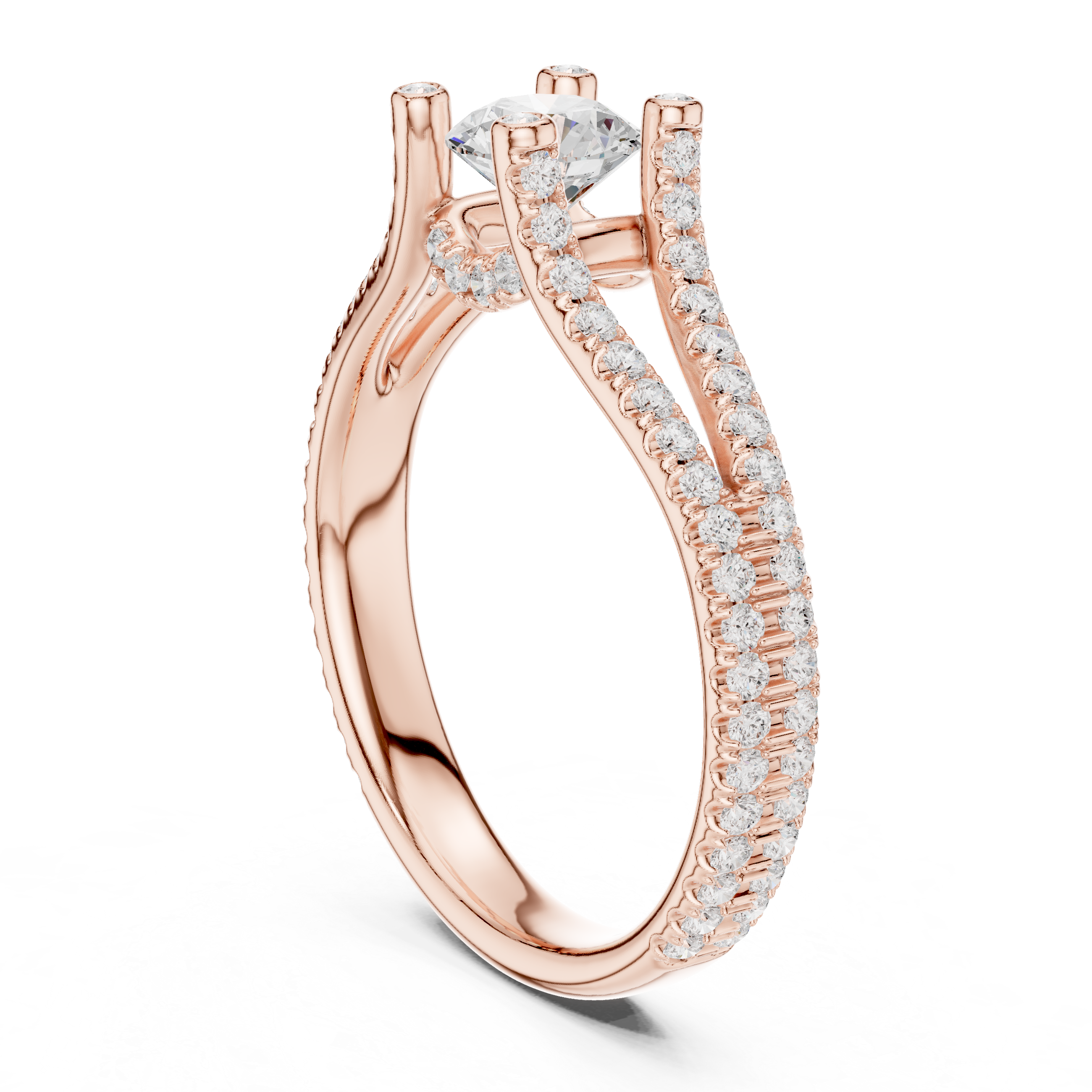 Unique Open Split Shank Diamond Ring with Pave Accents