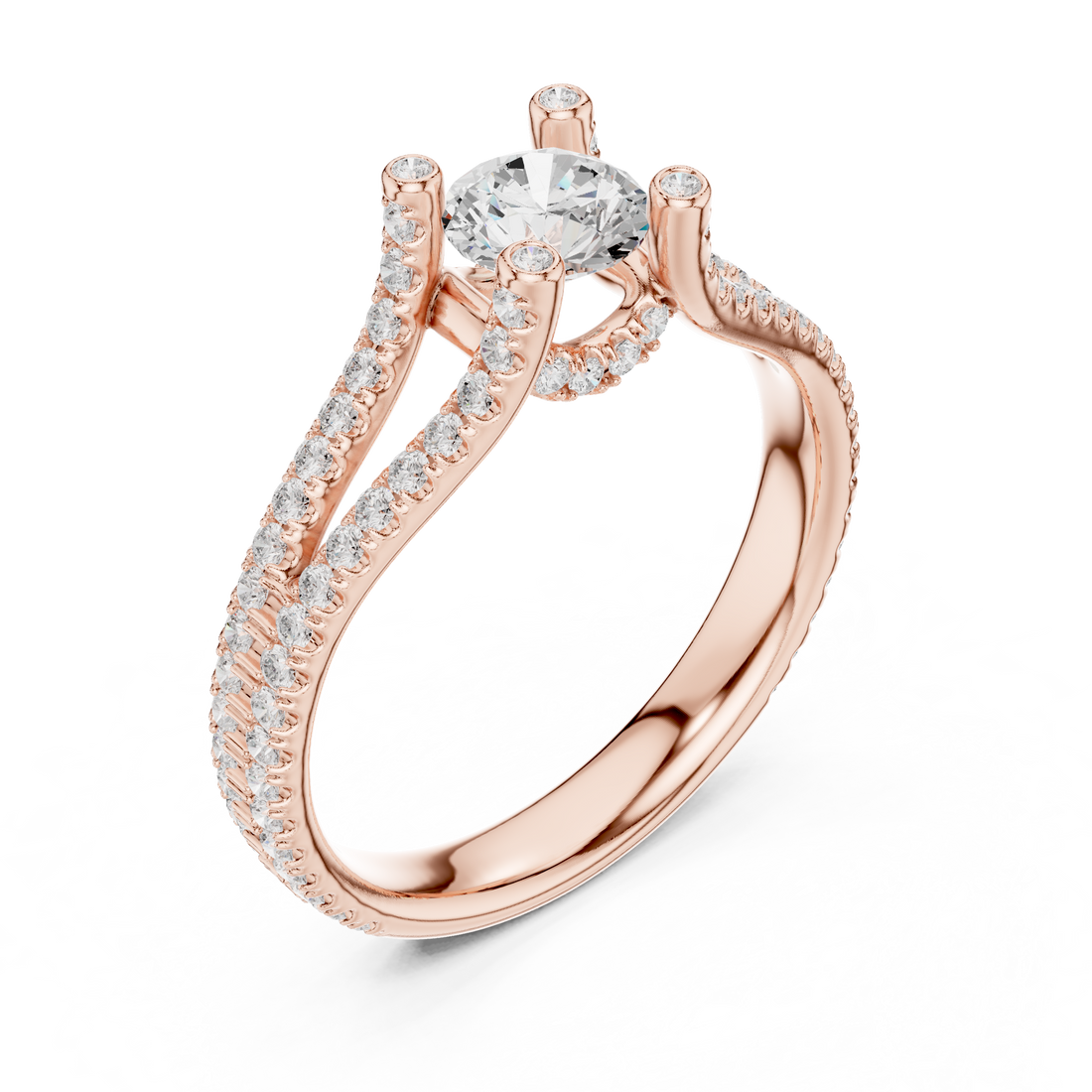 Unique Open Split Shank Diamond Ring with Pave Accents