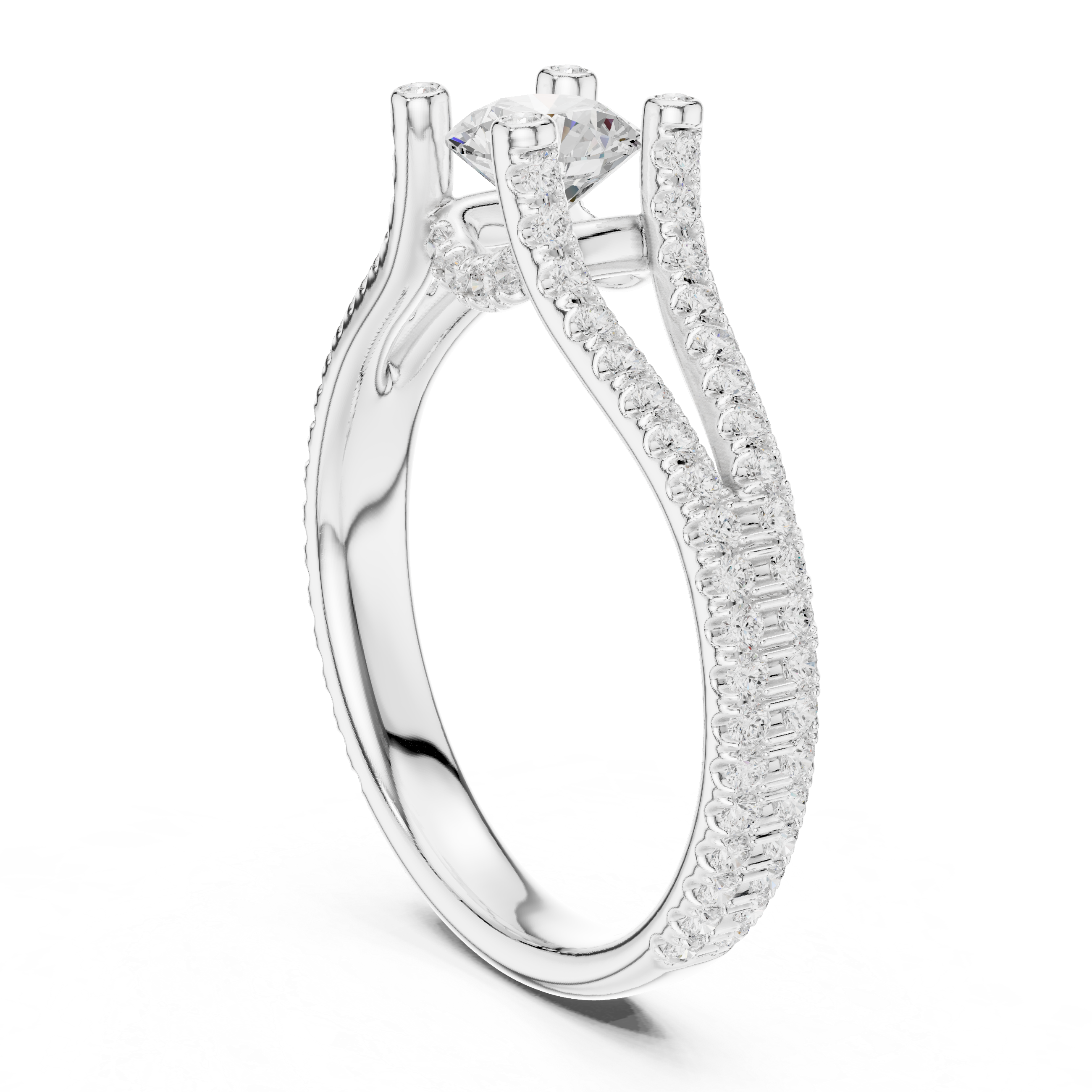 Unique Open Split Shank Diamond Ring with Pave Accents