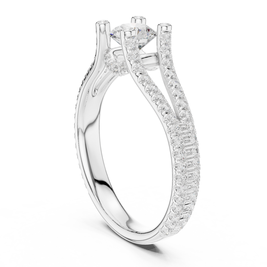 Unique Open Split Shank Diamond Ring with Pave Accents