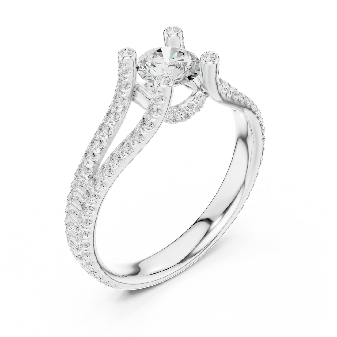 Unique Open Split Shank Diamond Ring with Pave Accents