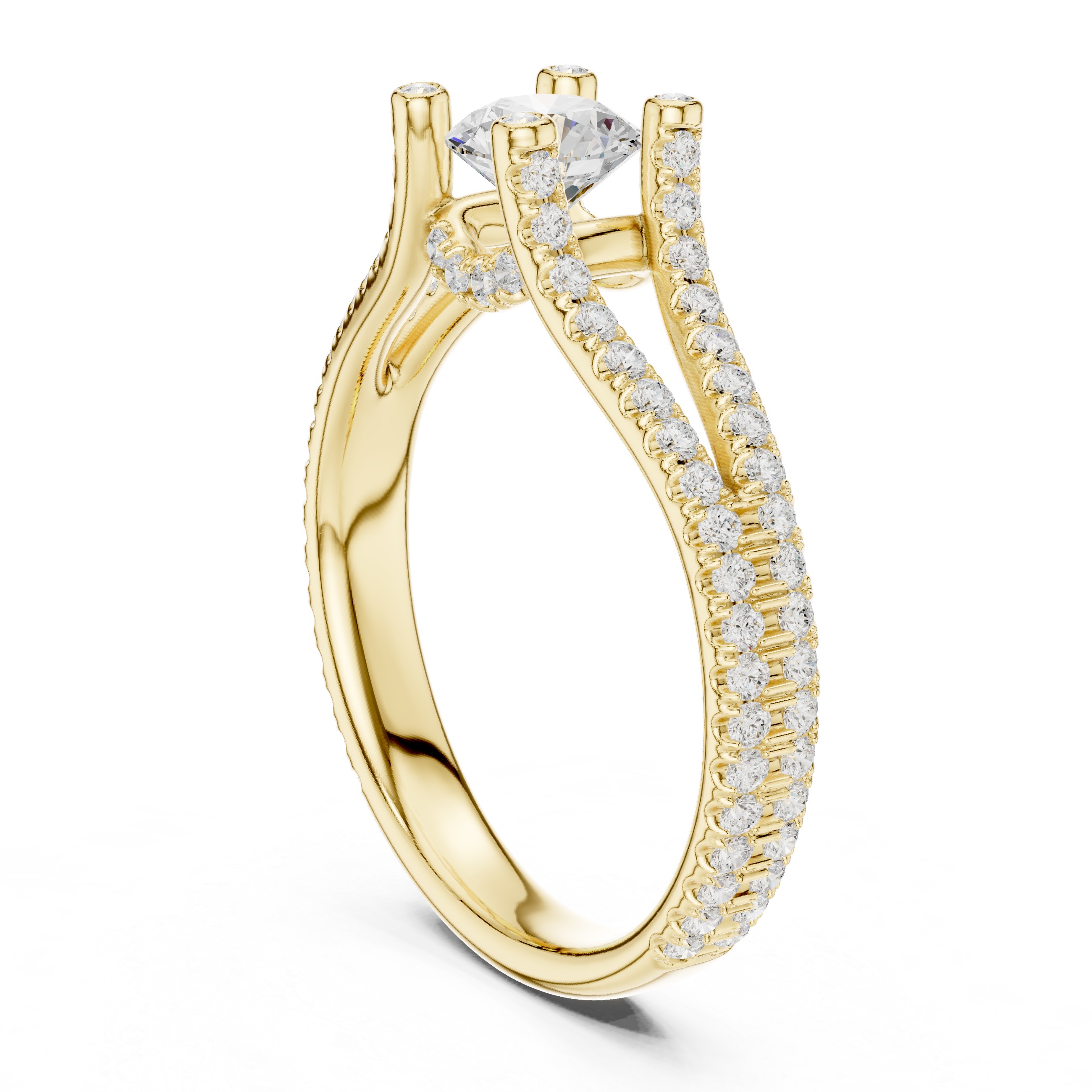 Unique Open Split Shank Diamond Ring with Pave Accents