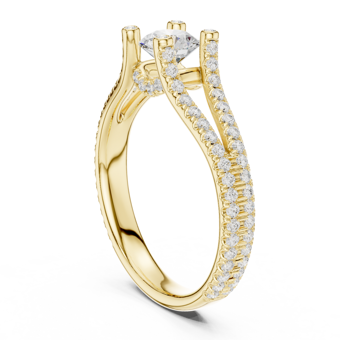 Unique Open Split Shank Diamond Ring with Pave Accents
