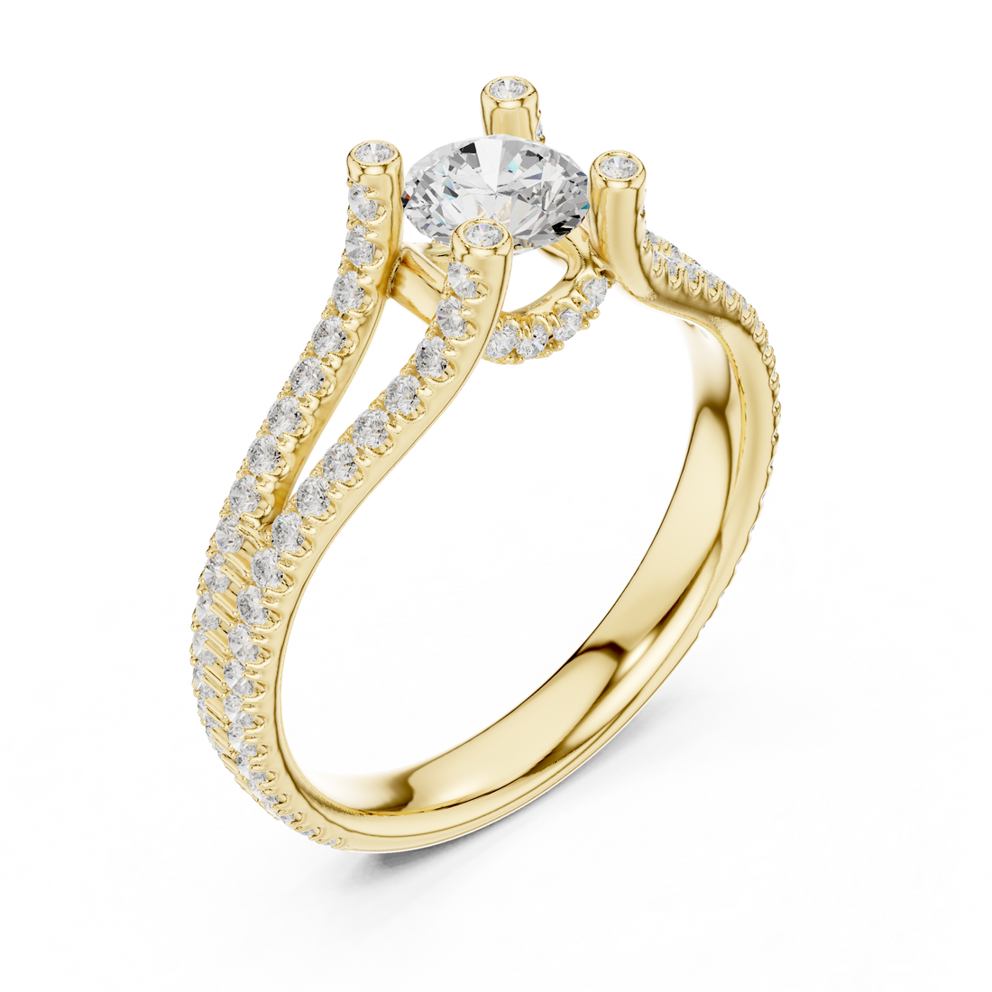 Unique Open Split Shank Diamond Ring with Pave Accents