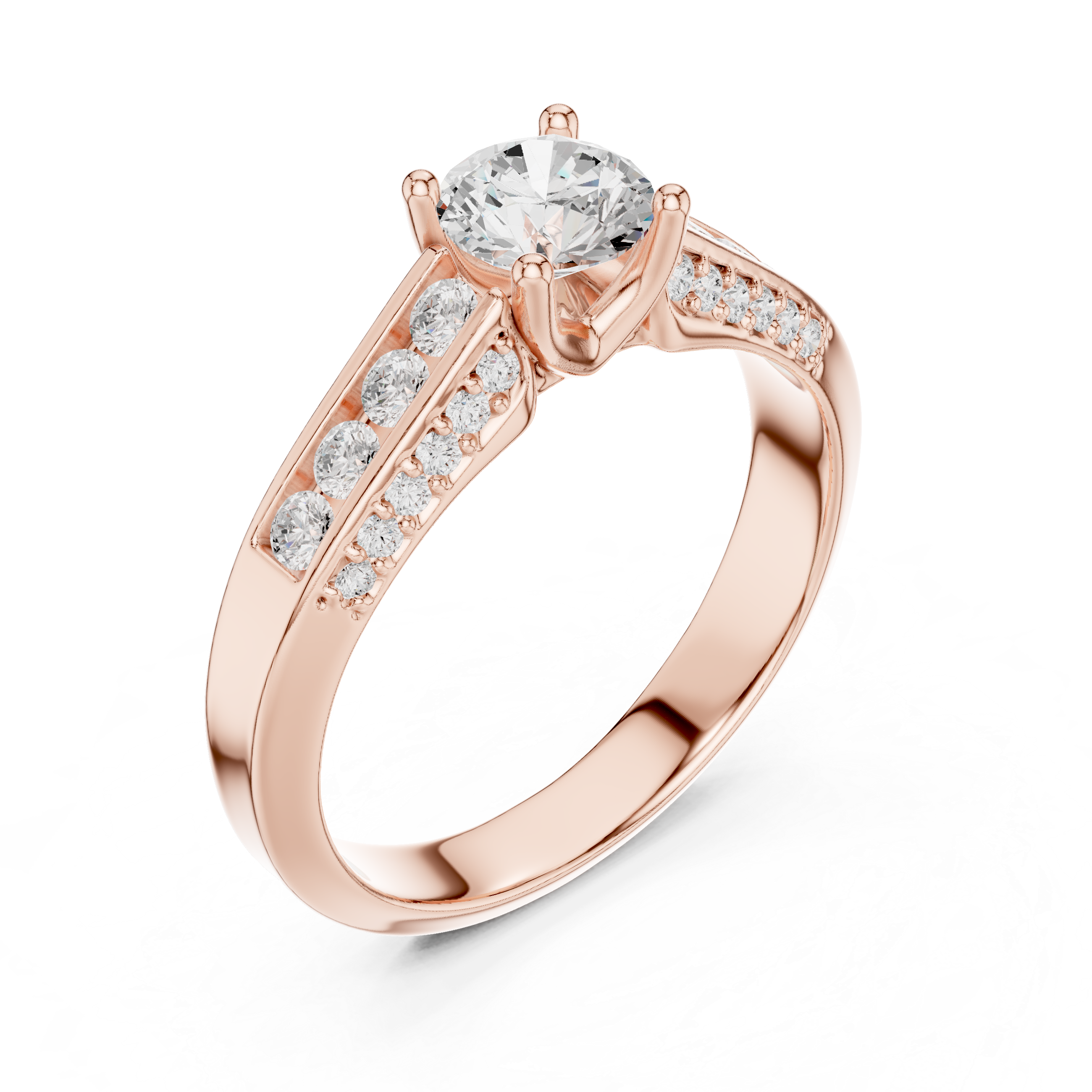 Sleek Channel Set Diamond Ring with Round Cut Center Stone