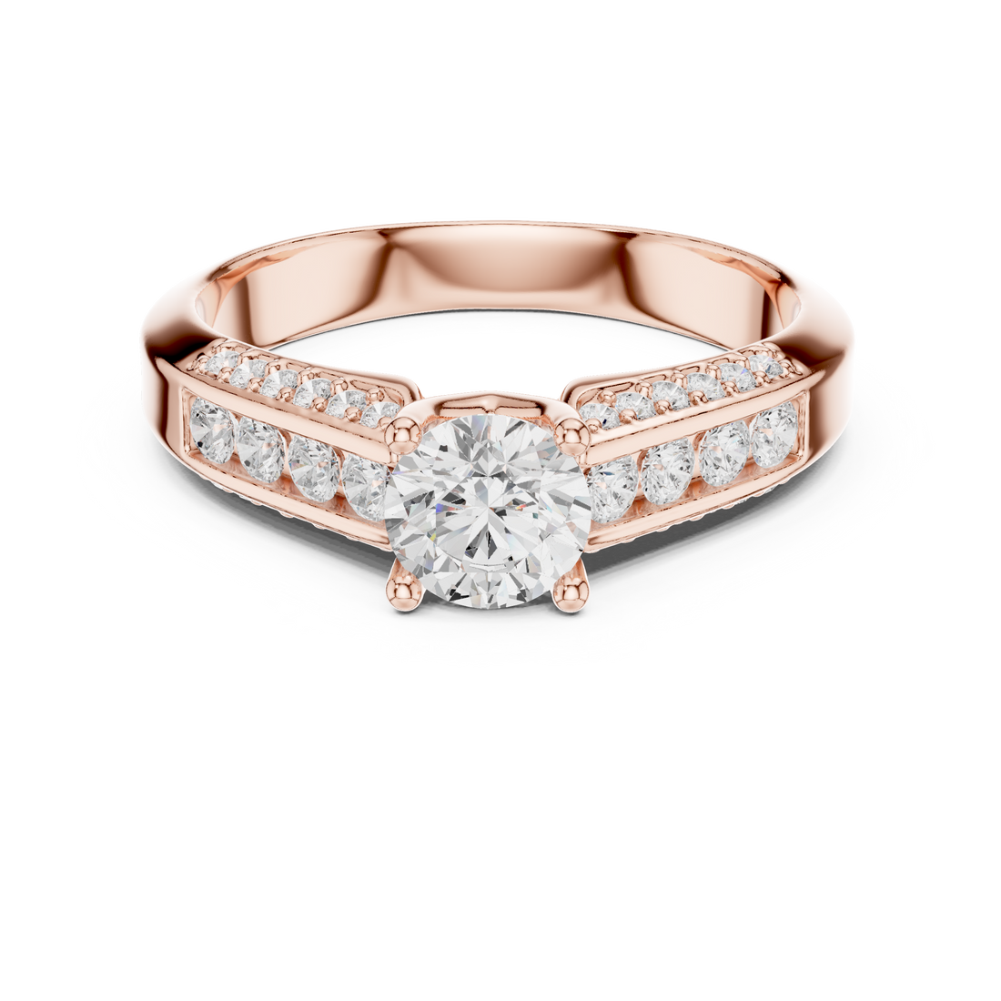 Sleek Channel Set Diamond Ring with Round Cut Center Stone
