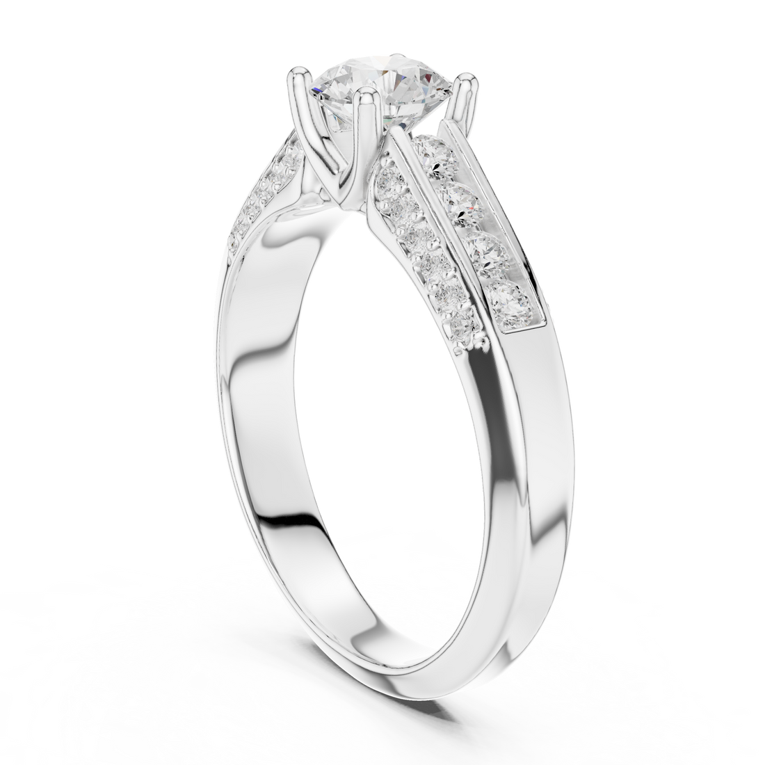 Sleek Channel Set Diamond Ring with Round Cut Center Stone