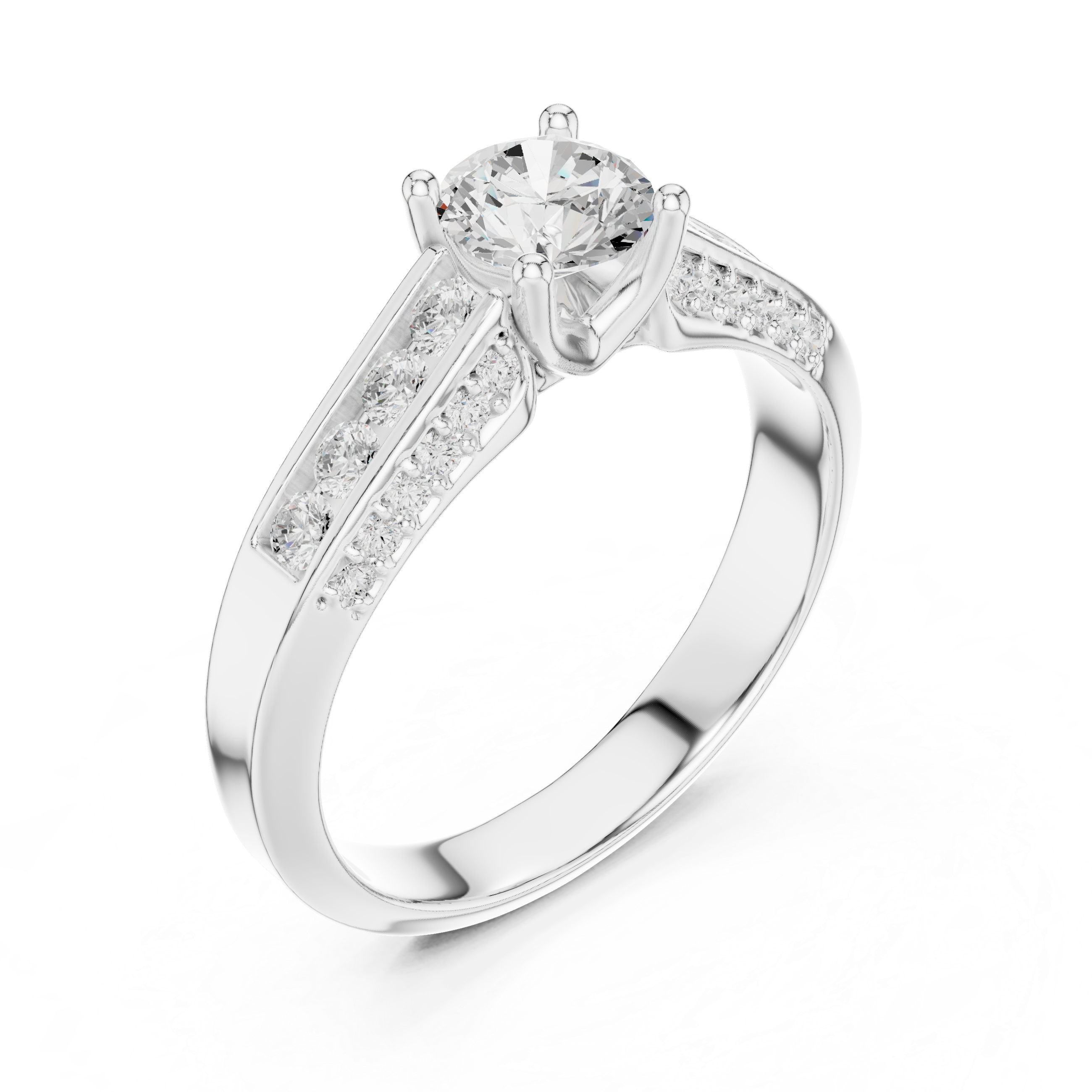 Sleek Channel Set Diamond Ring with Round Cut Center Stone