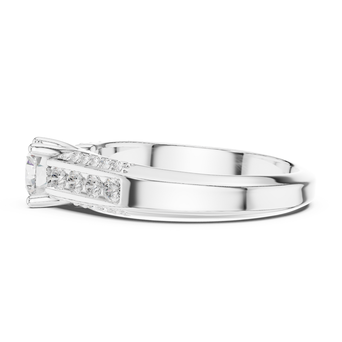 Sleek Channel Set Diamond Ring with Round Cut Center Stone