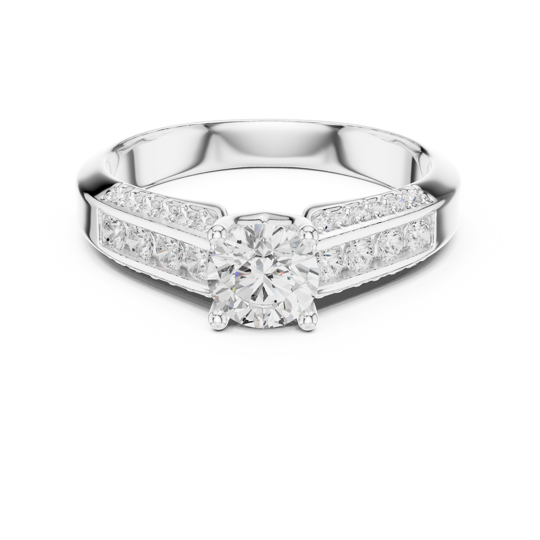 Sleek Channel Set Diamond Ring with Round Cut Center Stone