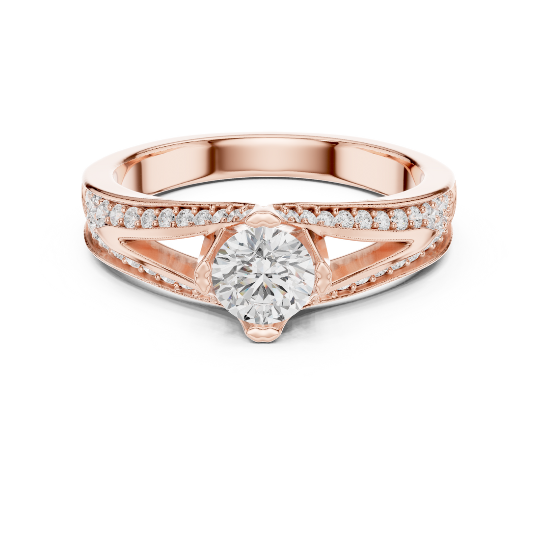 Luxury Round Cut Diamond Ring with Split Shank Pave Design