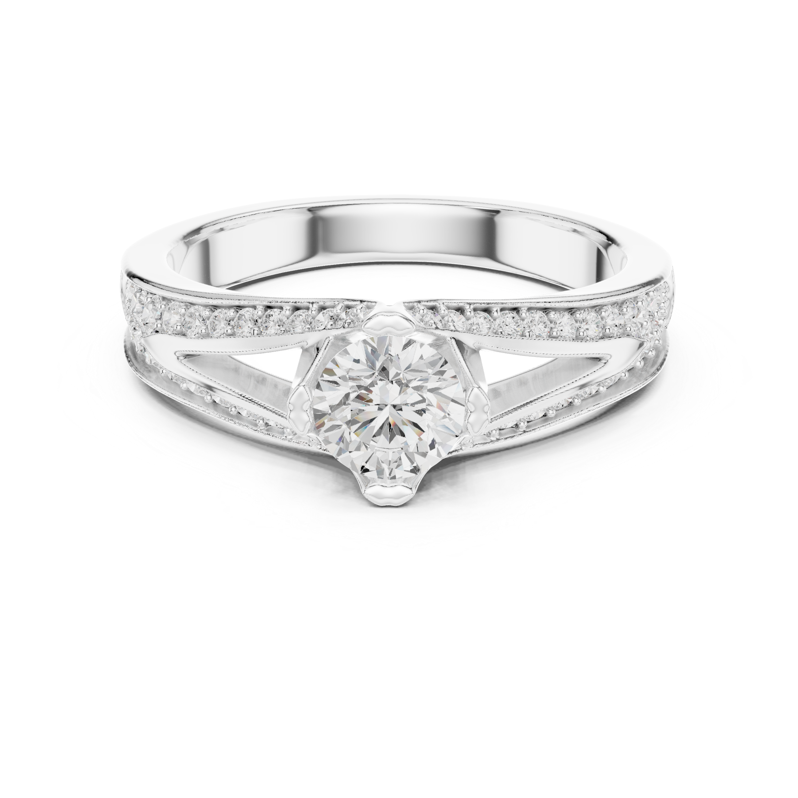 Luxury Round Cut Diamond Ring with Split Shank Pave Design