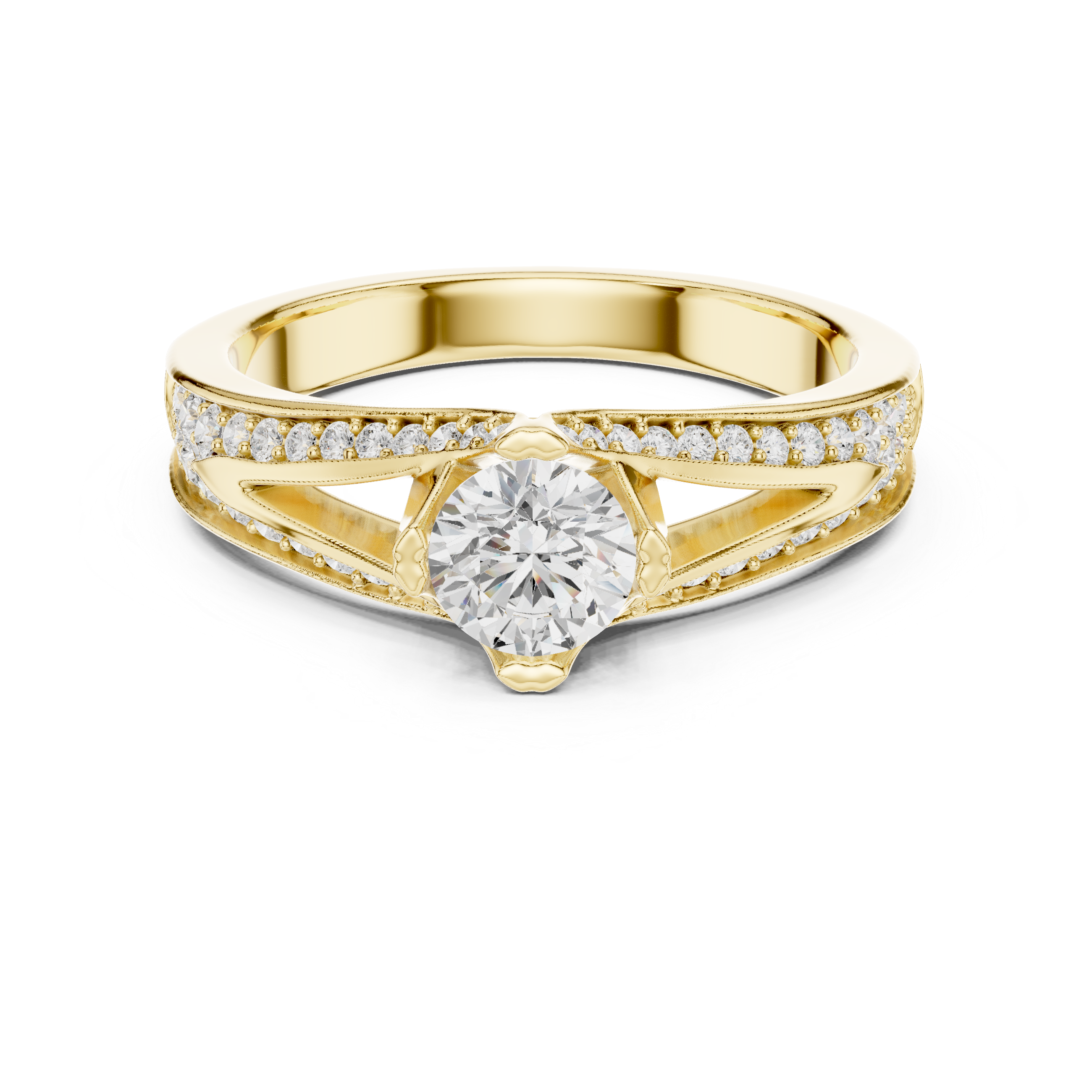 Luxury Round Cut Diamond Ring with Split Shank Pave Design