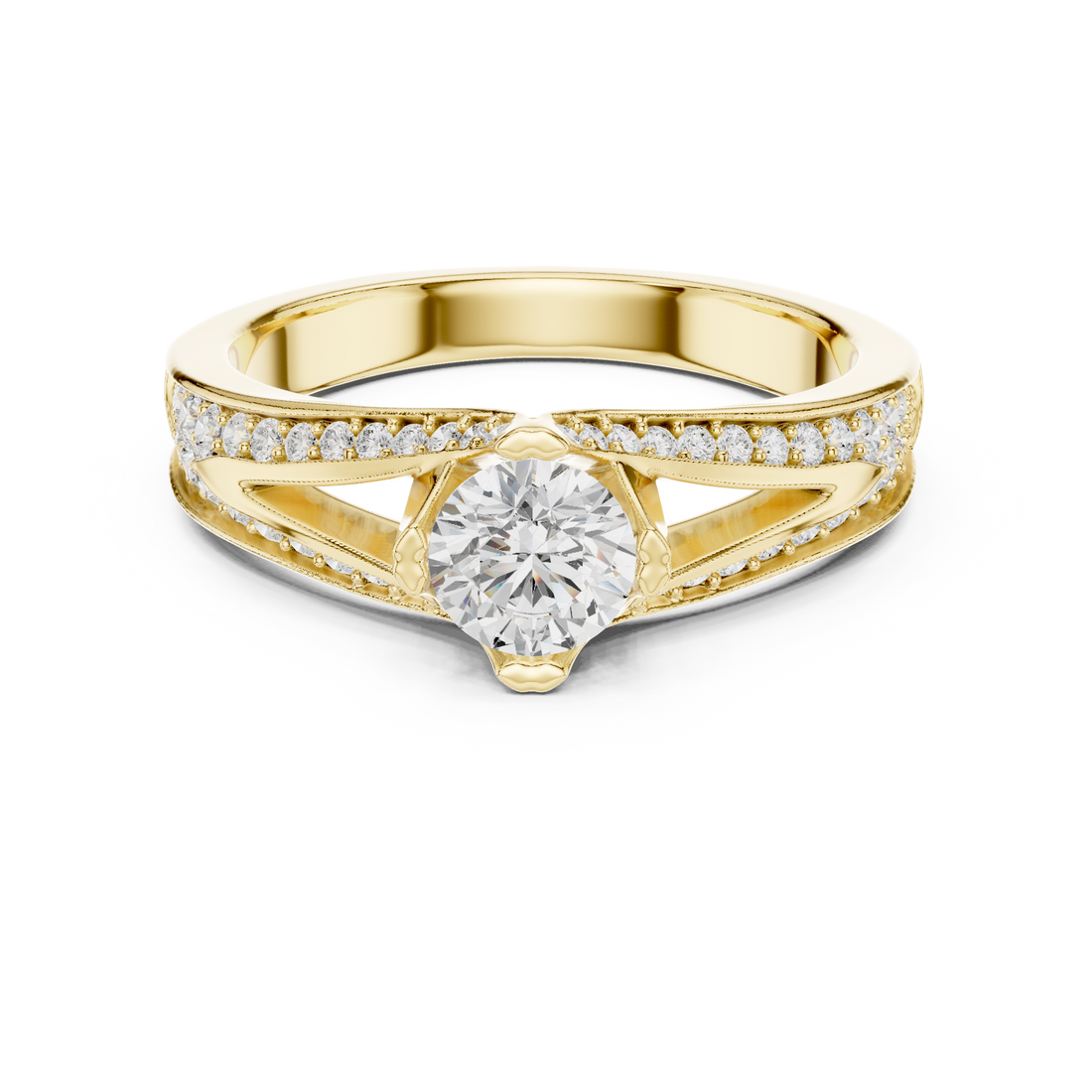 Luxury Round Cut Diamond Ring with Split Shank Pave Design