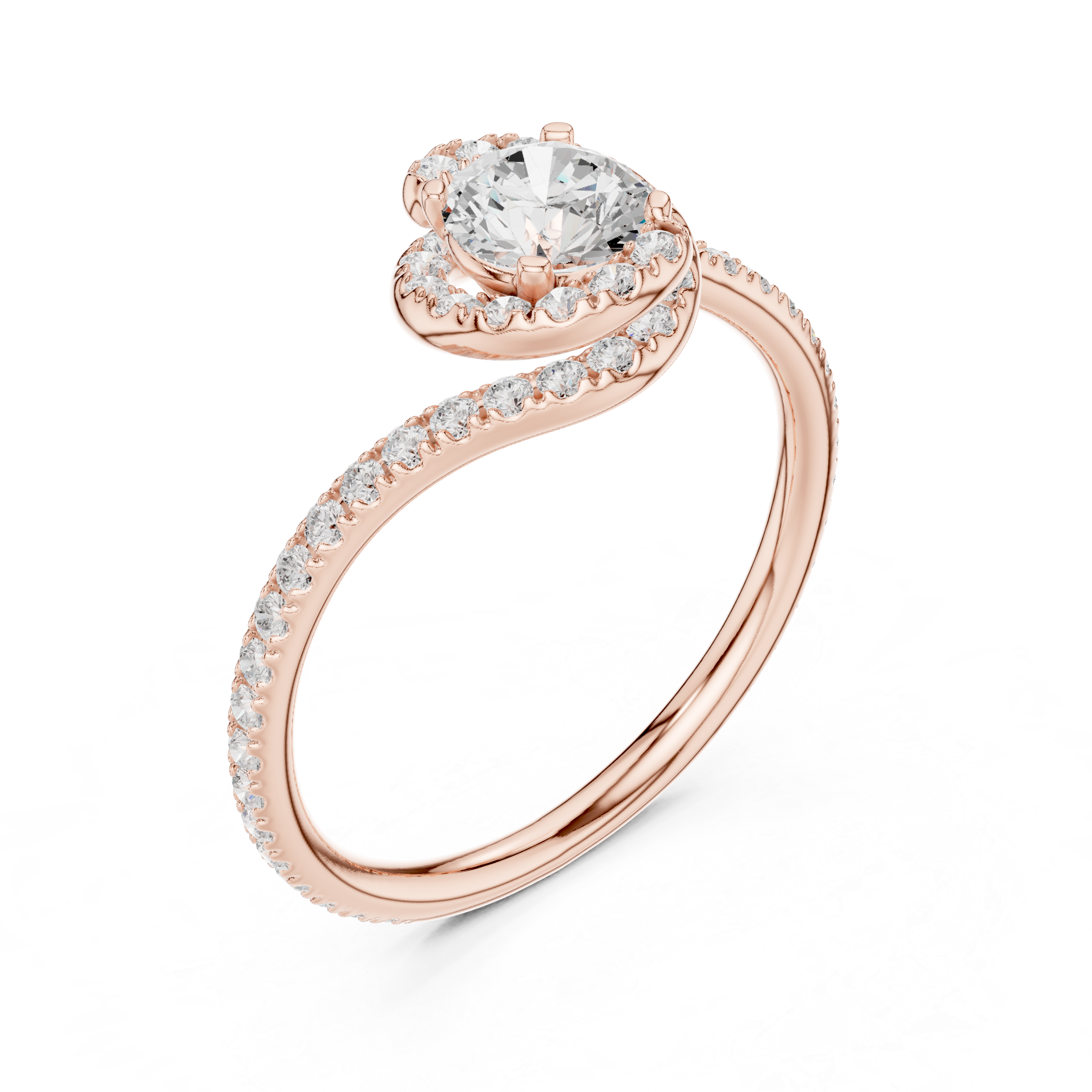 Unique Twist Shank Halo Engagement Ring | Round Diamond Pavé Ring