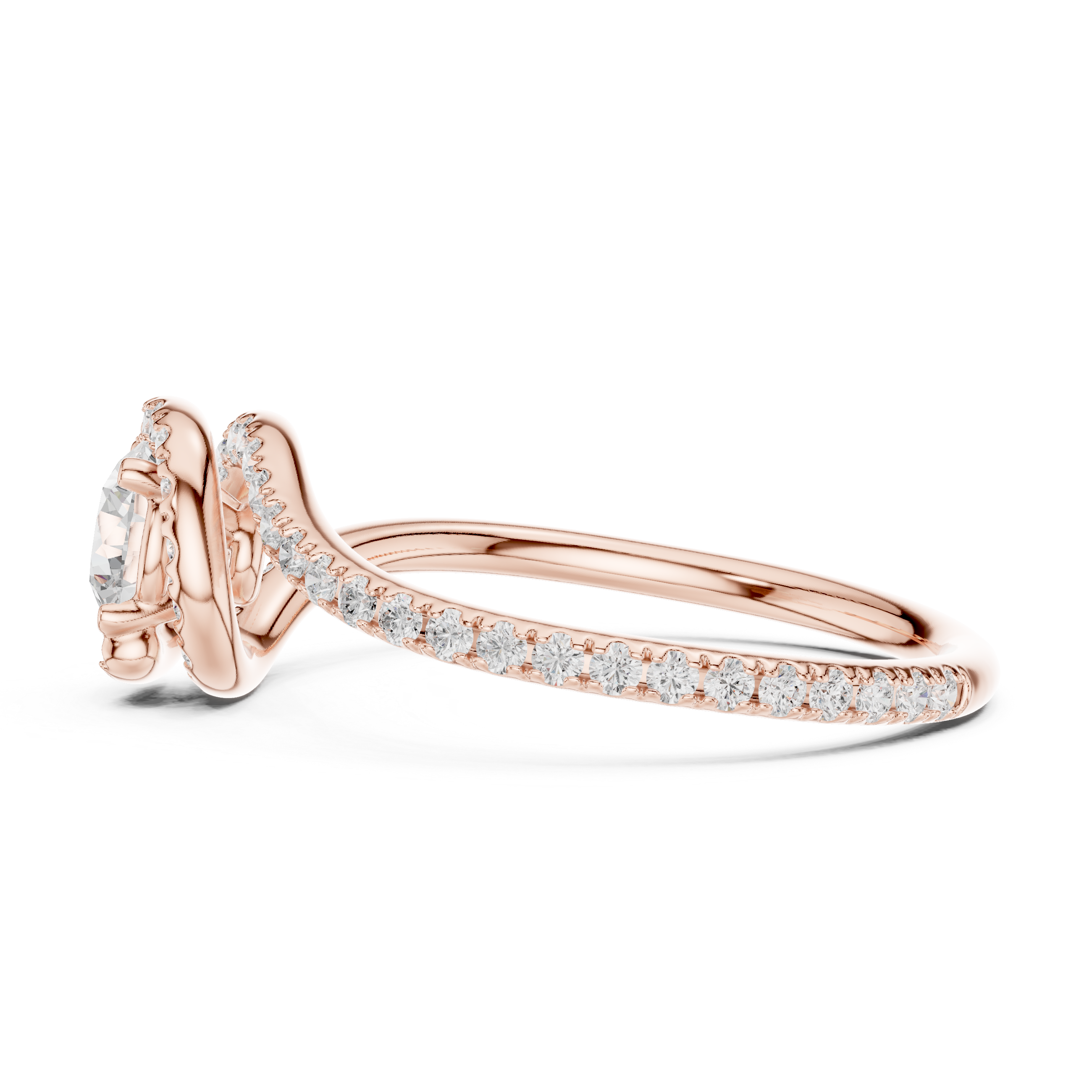 Unique Twist Shank Halo Engagement Ring | Round Diamond Pavé Ring