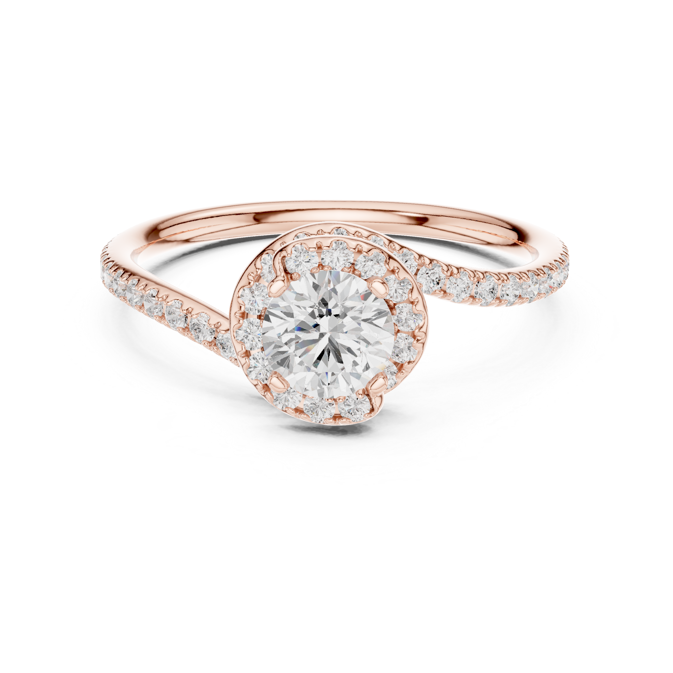 Unique Twist Shank Halo Engagement Ring | Round Diamond Pavé Ring