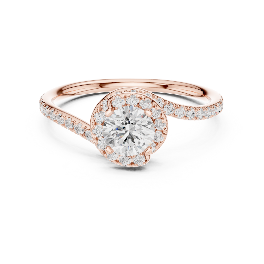 Unique Twist Shank Halo Engagement Ring | Round Diamond Pavé Ring