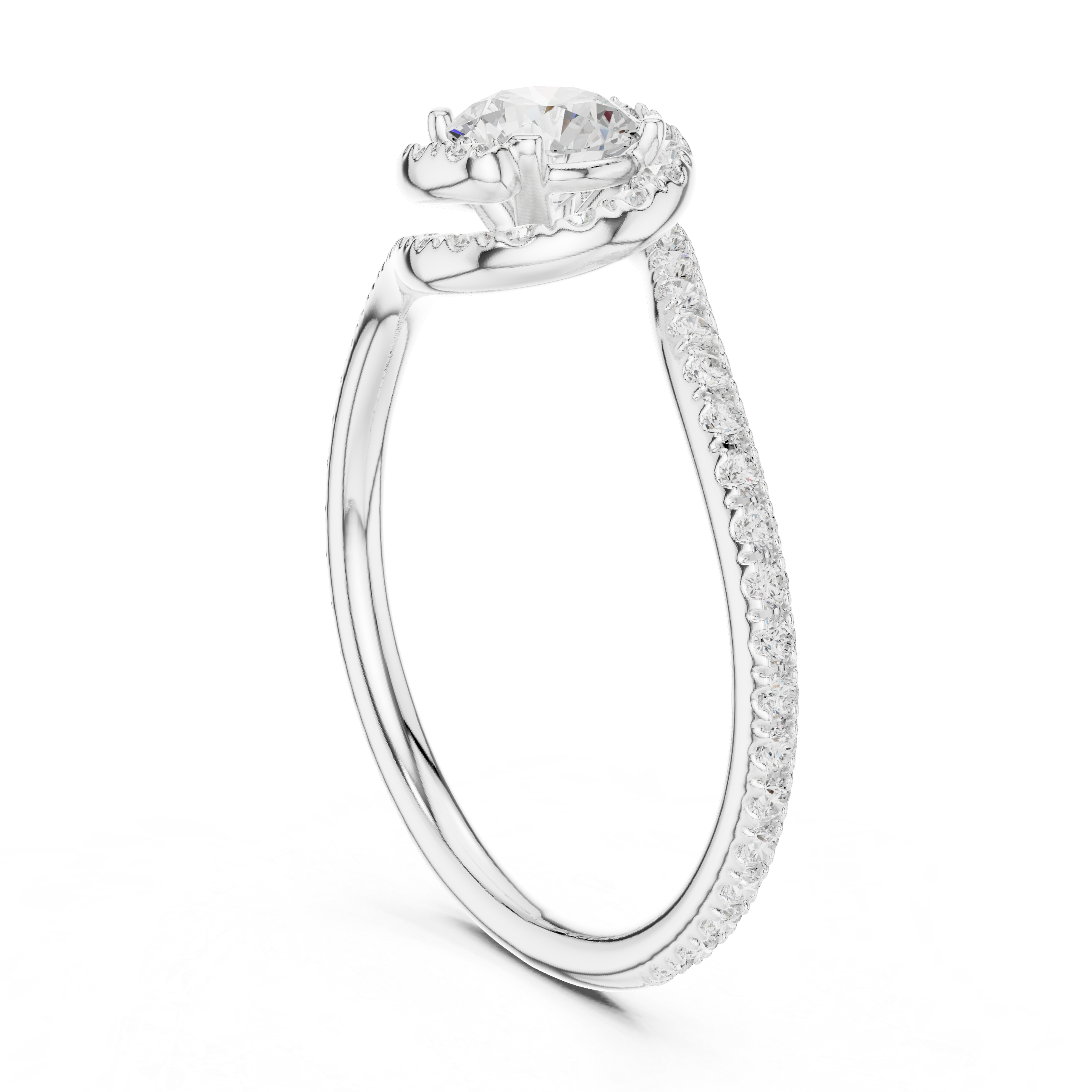Unique Twist Shank Halo Engagement Ring | Round Diamond Pavé Ring