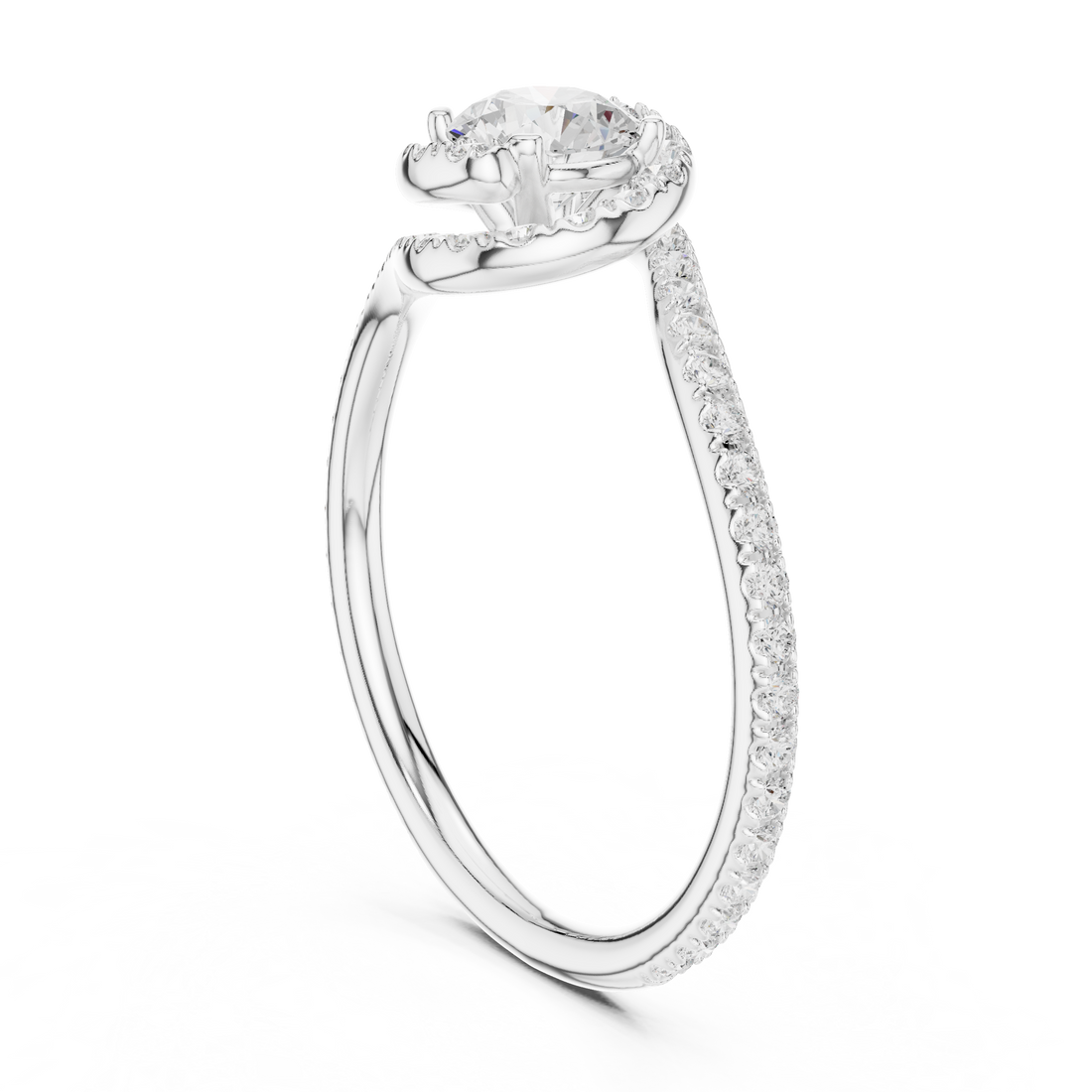 Unique Twist Shank Halo Engagement Ring | Round Diamond Pavé Ring