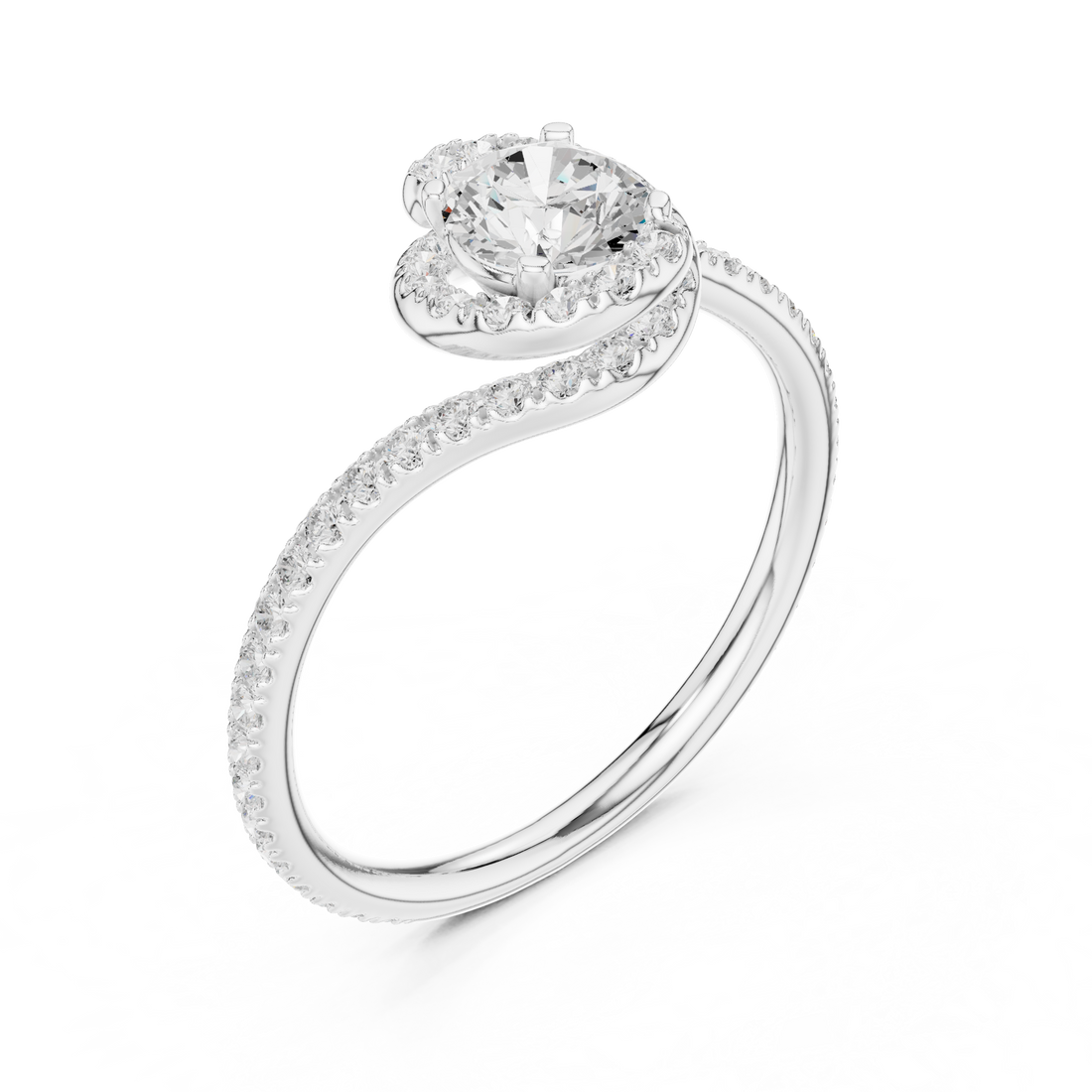 Unique Twist Shank Halo Engagement Ring | Round Diamond Pavé Ring
