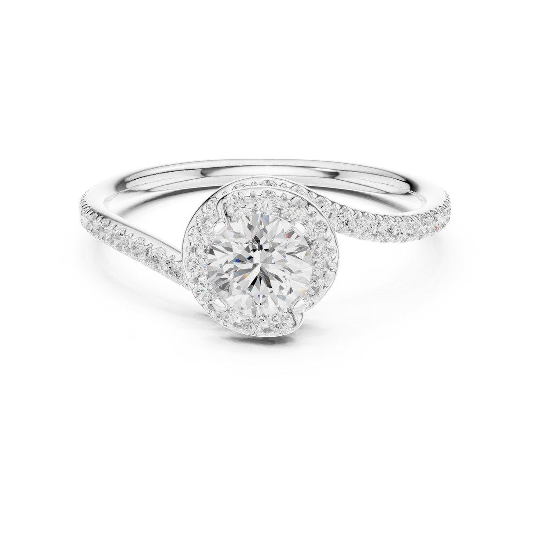 Unique Twist Shank Halo Engagement Ring | Round Diamond Pavé Ring