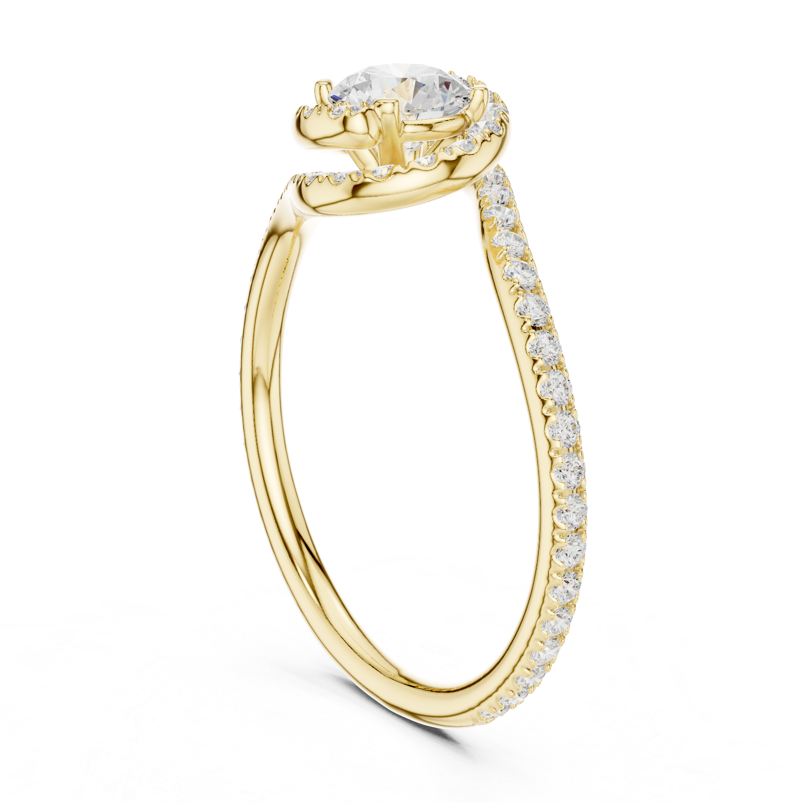 Unique Twist Shank Halo Engagement Ring | Round Diamond Pavé Ring