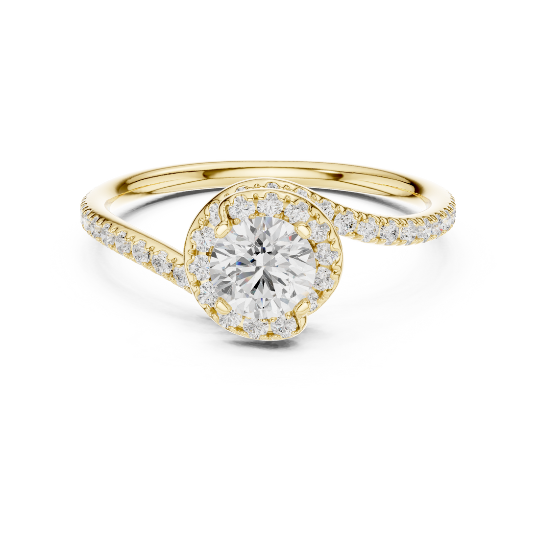 Unique Twist Shank Halo Engagement Ring | Round Diamond Pavé Ring