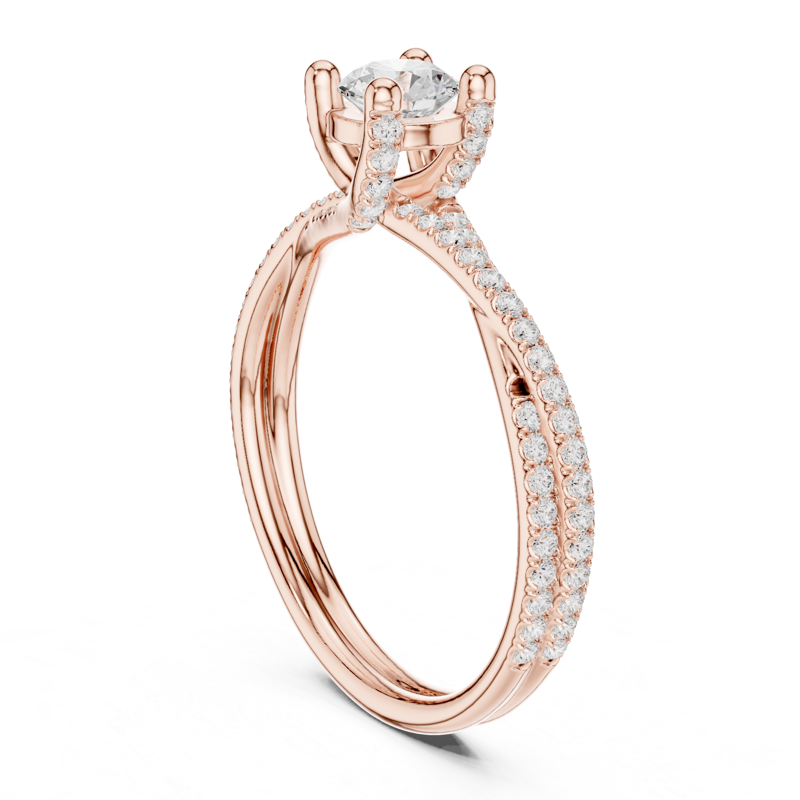 Contemporary Crossover Bezel Round Diamond Ring with Split Pave Shank