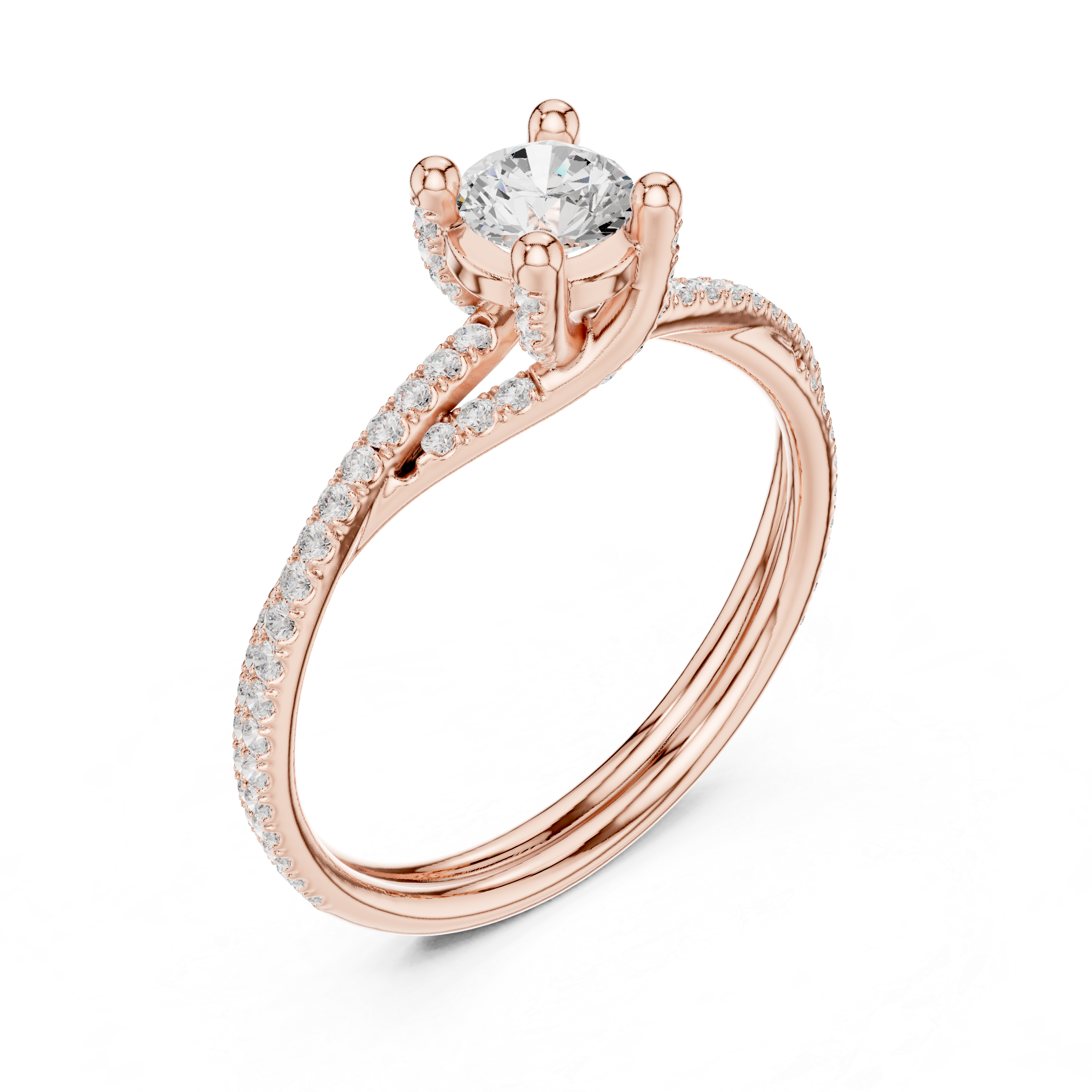 Contemporary Crossover Bezel Round Diamond Ring with Split Pave Shank