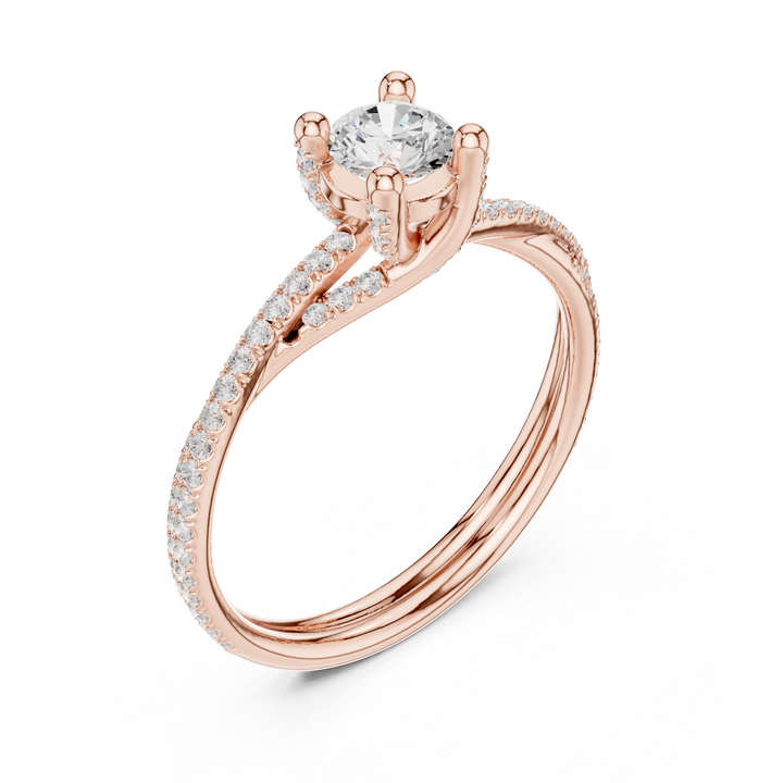 Contemporary Crossover Bezel Round Diamond Ring with Split Pave Shank