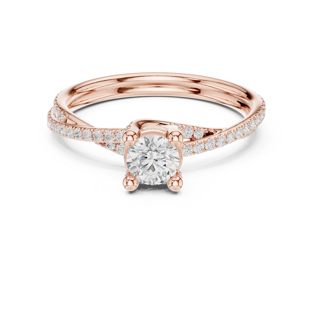 Contemporary Crossover Bezel Round Diamond Ring with Split Pave Shank