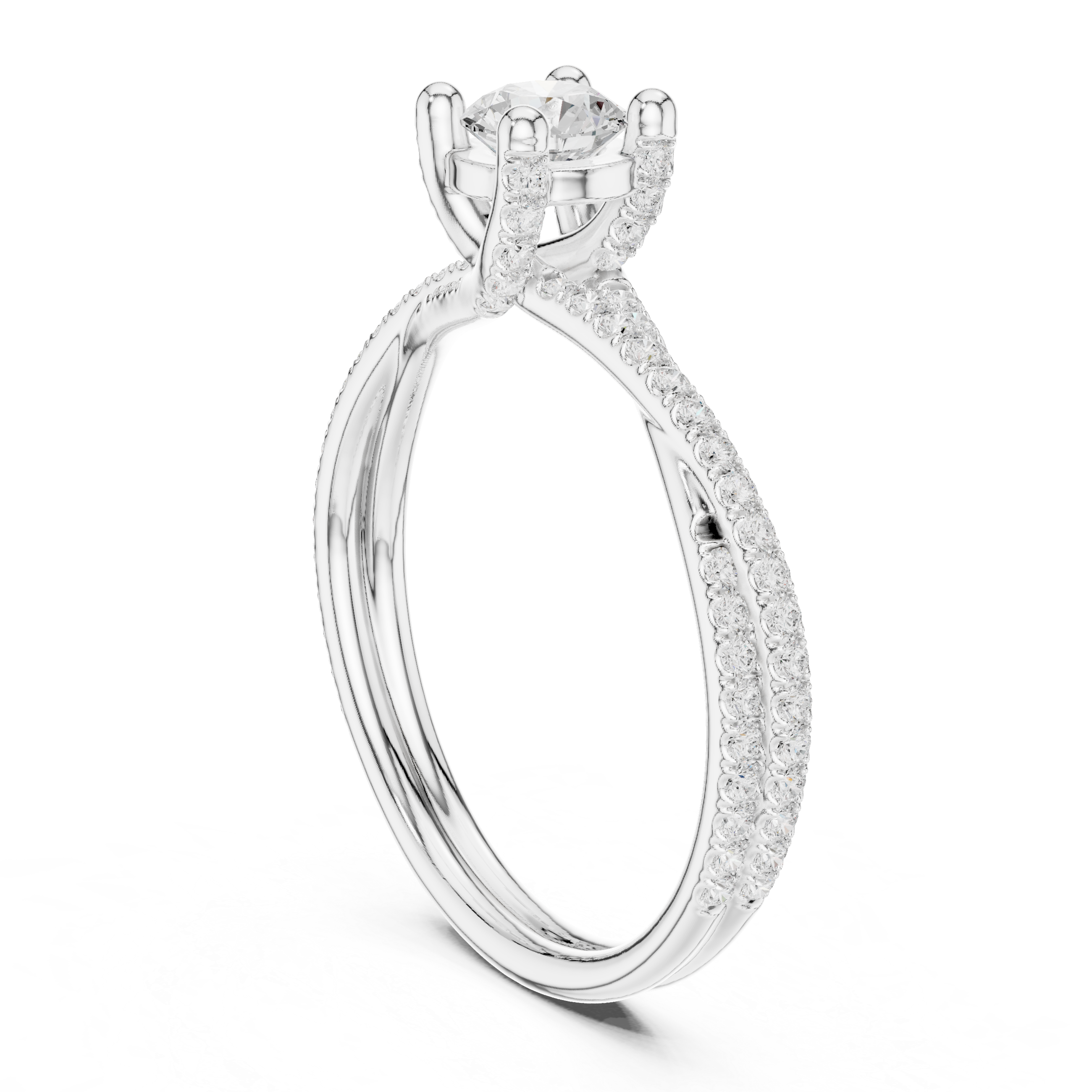 Contemporary Crossover Bezel Round Diamond Ring with Split Pave Shank
