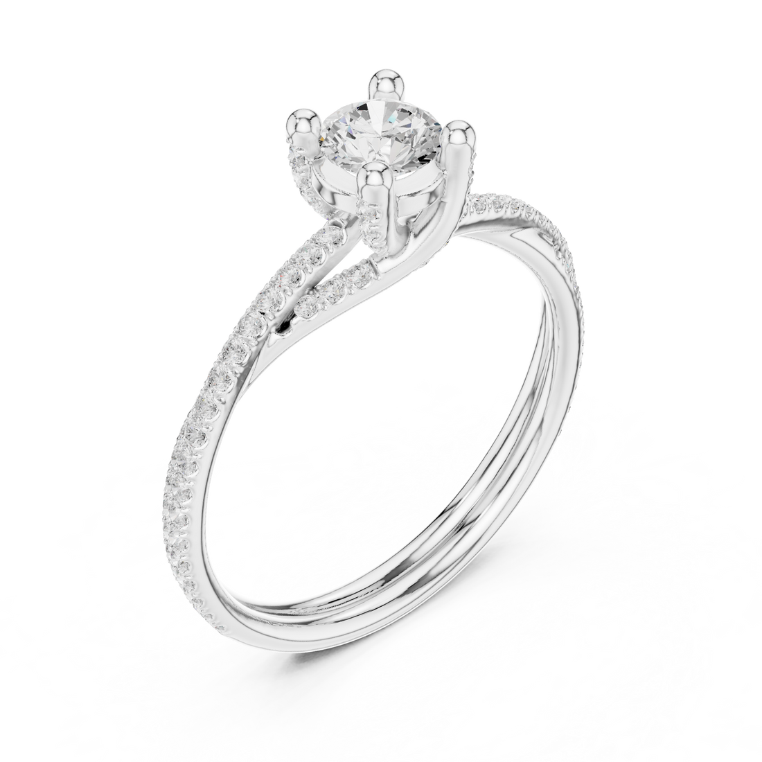 Contemporary Crossover Bezel Round Diamond Ring with Split Pave Shank