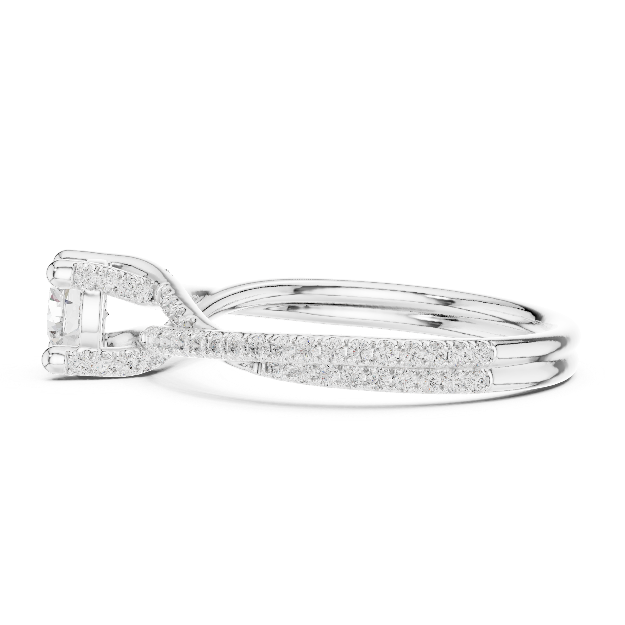Contemporary Crossover Bezel Round Diamond Ring with Split Pave Shank
