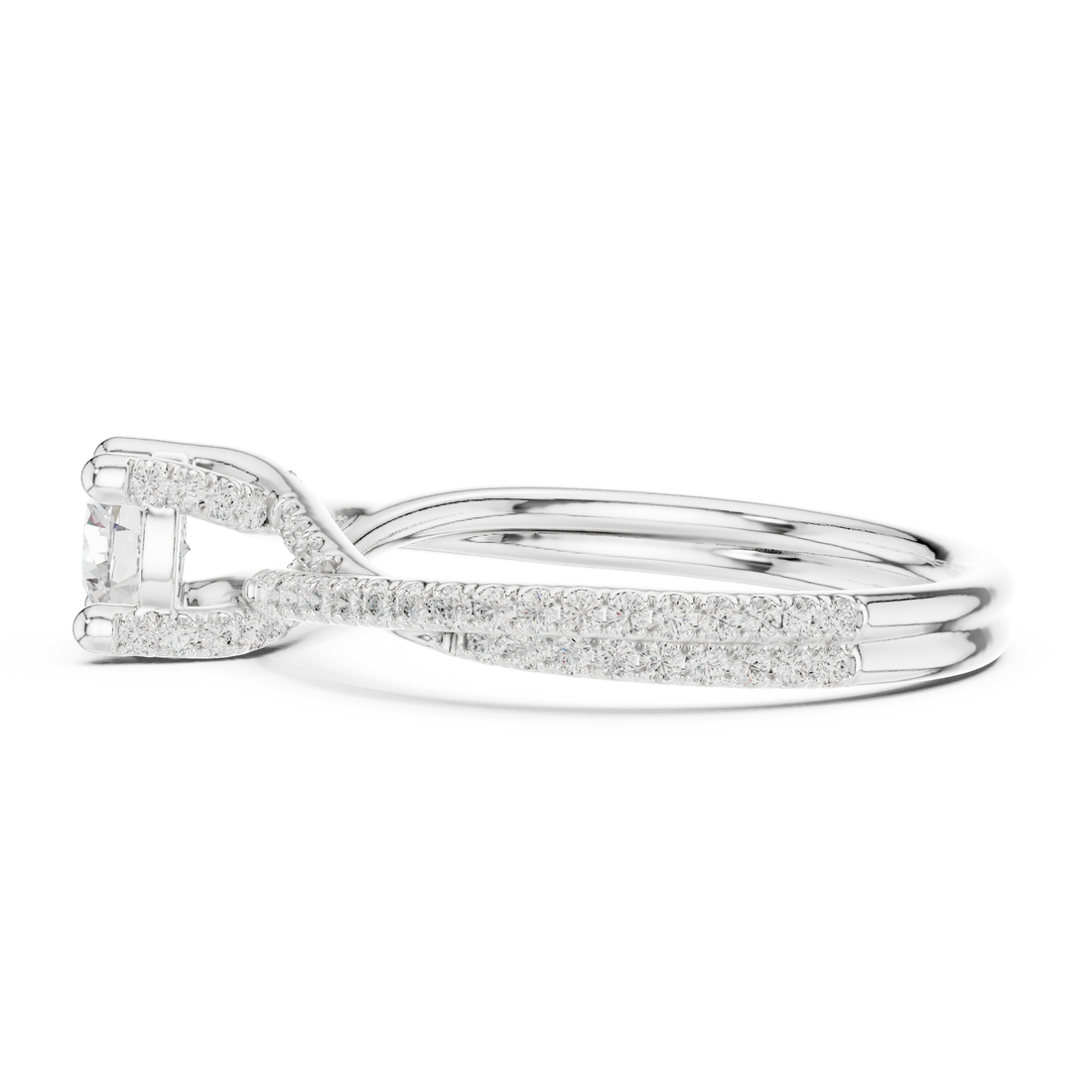 Contemporary Crossover Bezel Round Diamond Ring with Split Pave Shank