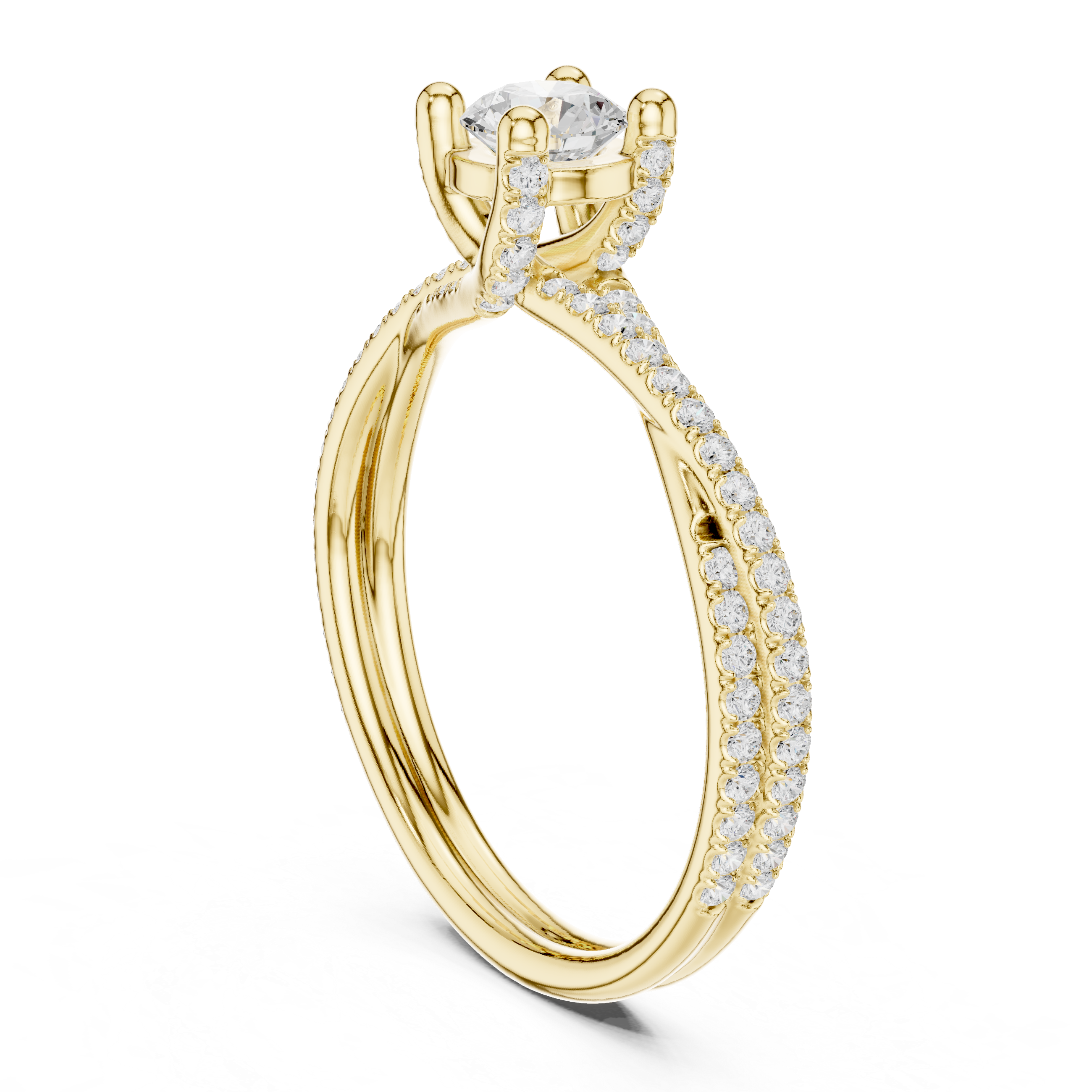 Contemporary Crossover Bezel Round Diamond Ring with Split Pave Shank