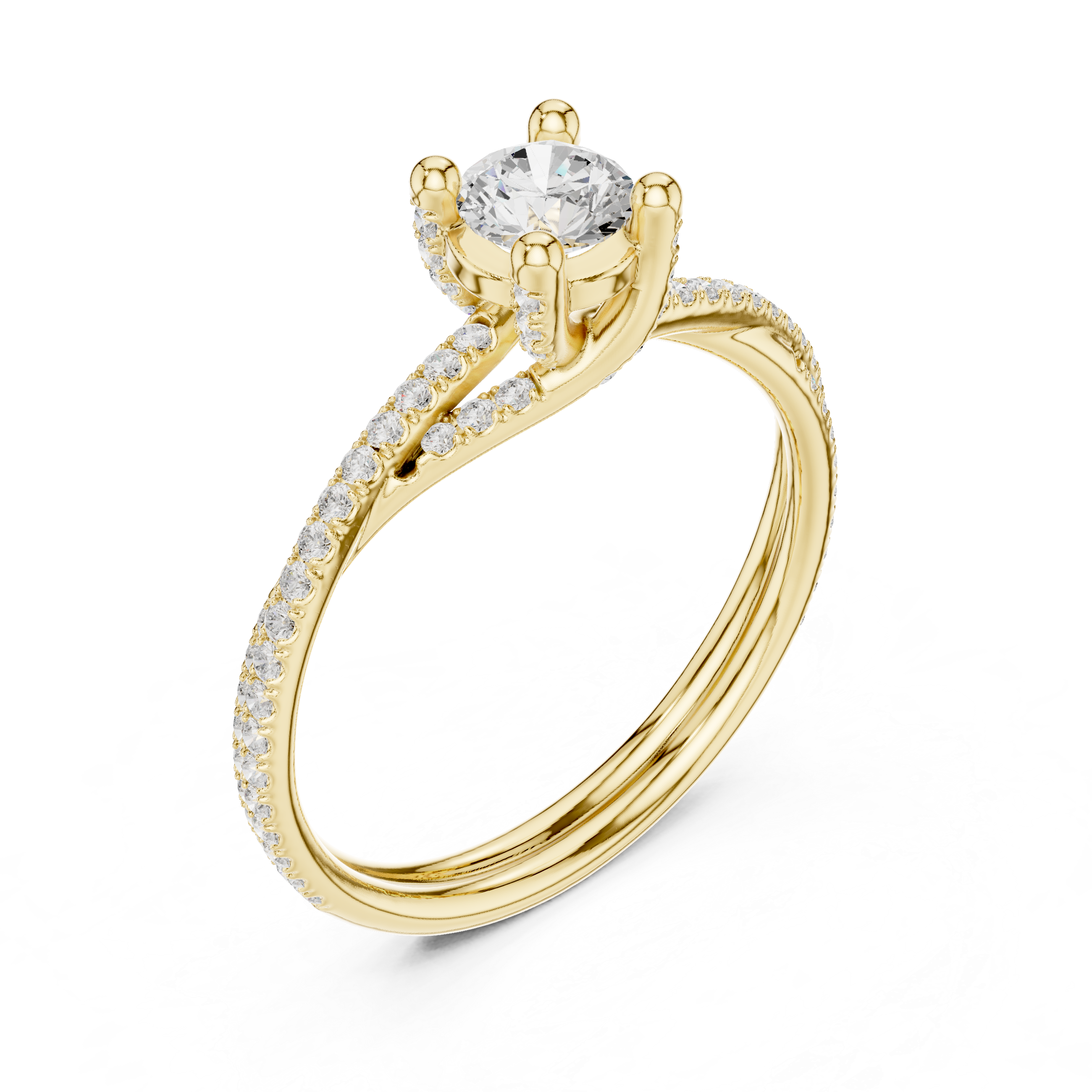 Contemporary Crossover Bezel Round Diamond Ring with Split Pave Shank