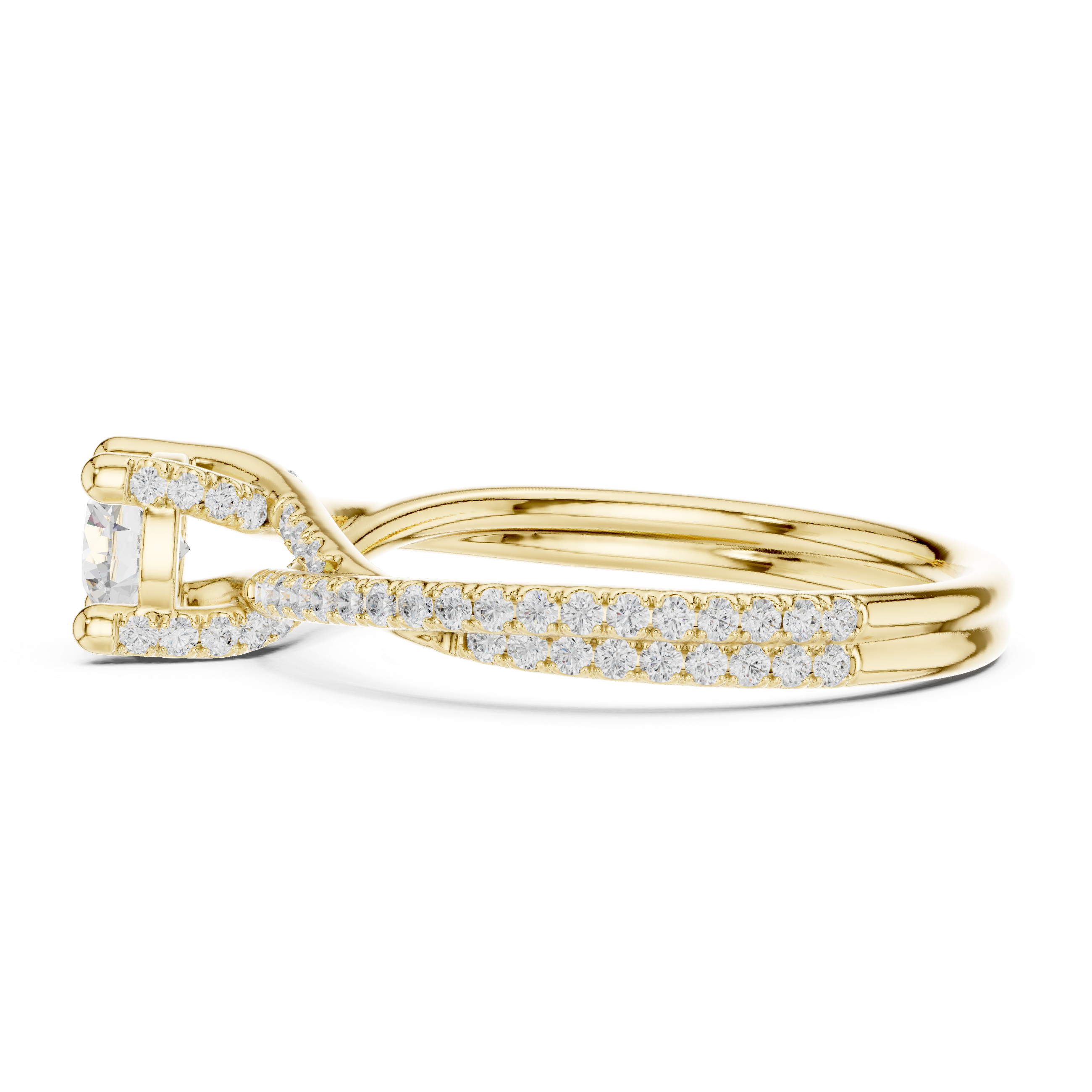 Contemporary Crossover Bezel Round Diamond Ring with Split Pave Shank