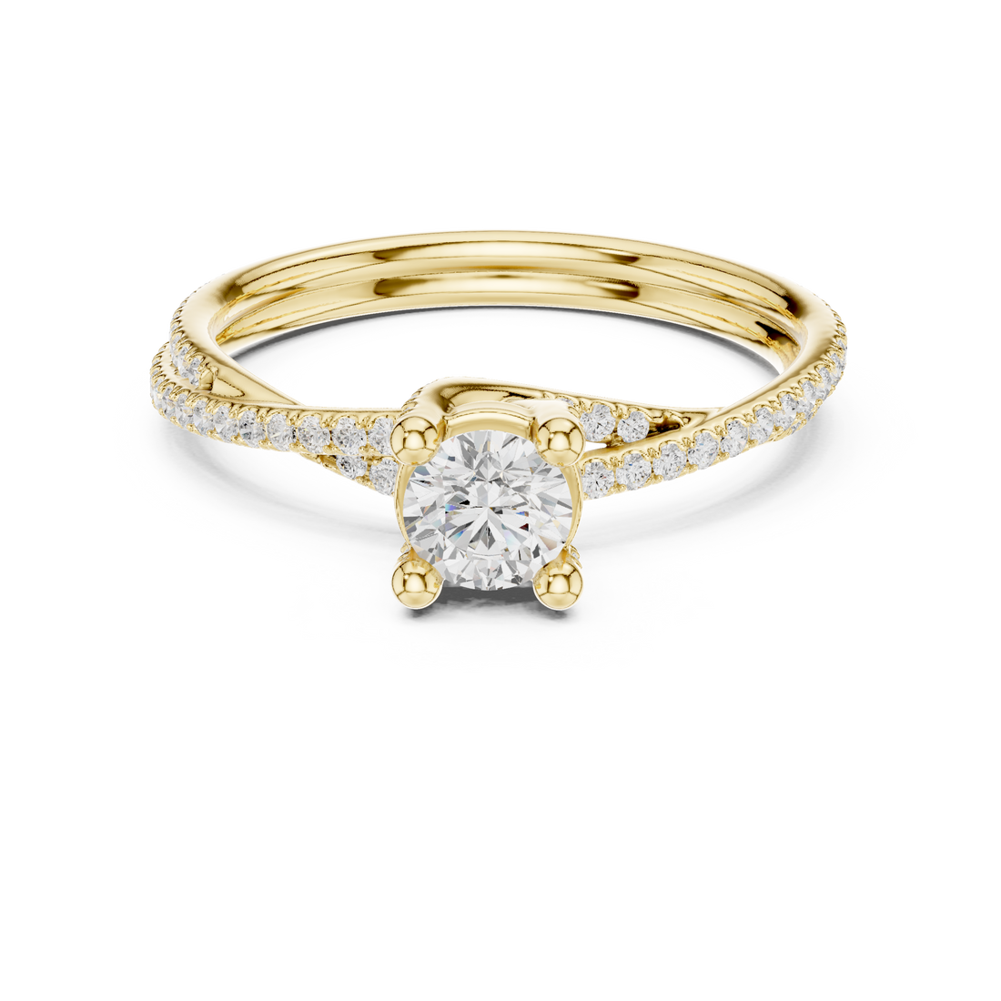 Contemporary Crossover Bezel Round Diamond Ring with Split Pave Shank
