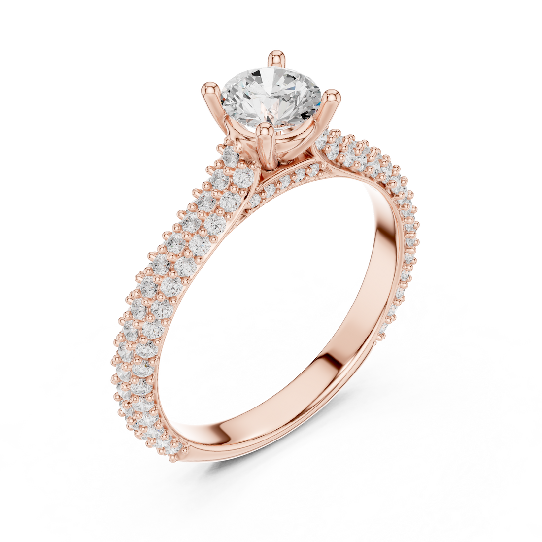 Classic Round Diamond Ring with Double Pavé Shank | Elegant Bridal Ring