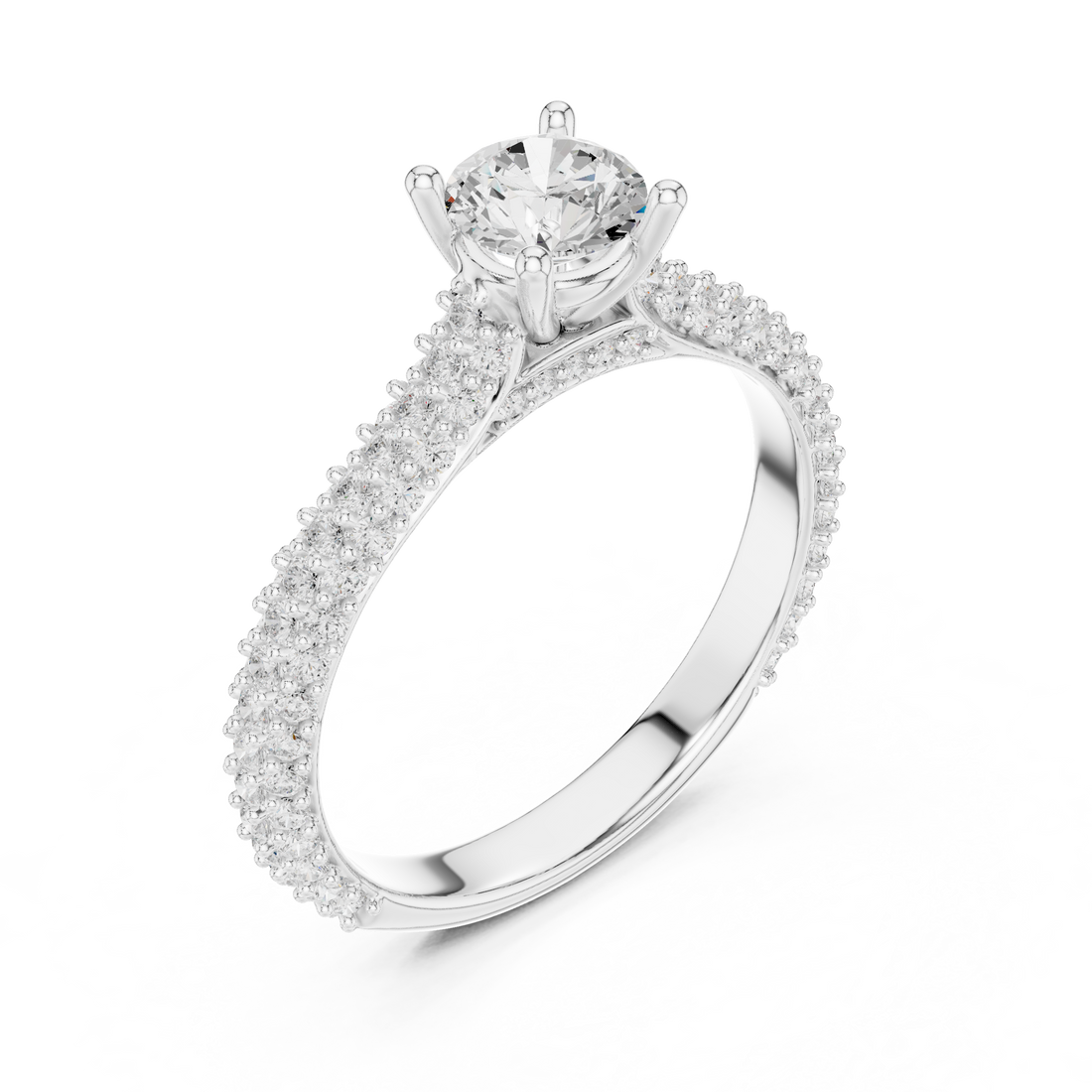 Classic Round Diamond Ring with Double Pavé Shank | Elegant Bridal Ring