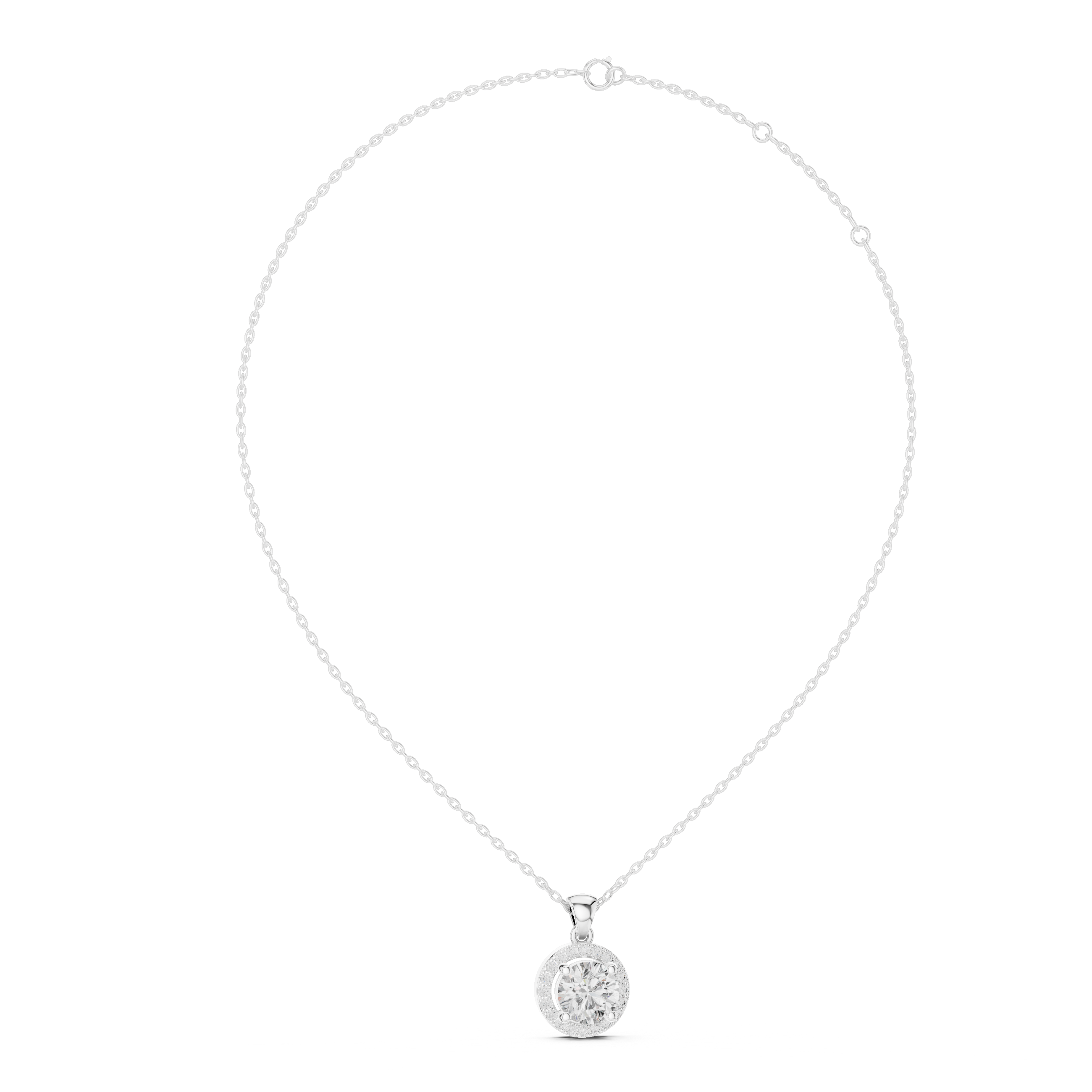 Contemporary Halo Diamond Necklace | Round Cut White Gold Pendant