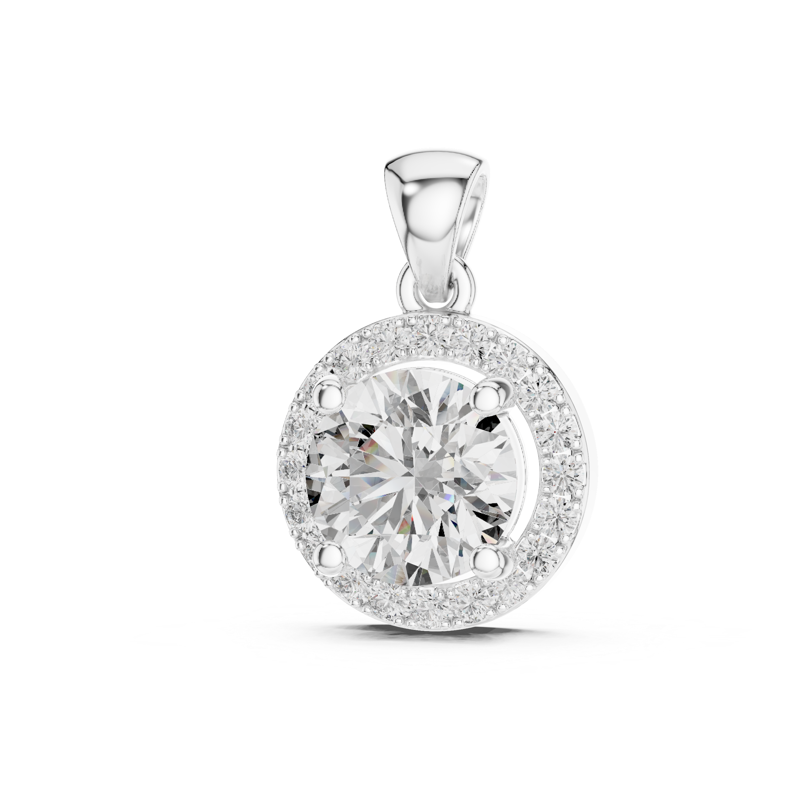 Contemporary Halo Diamond Necklace | Round Cut White Gold Pendant
