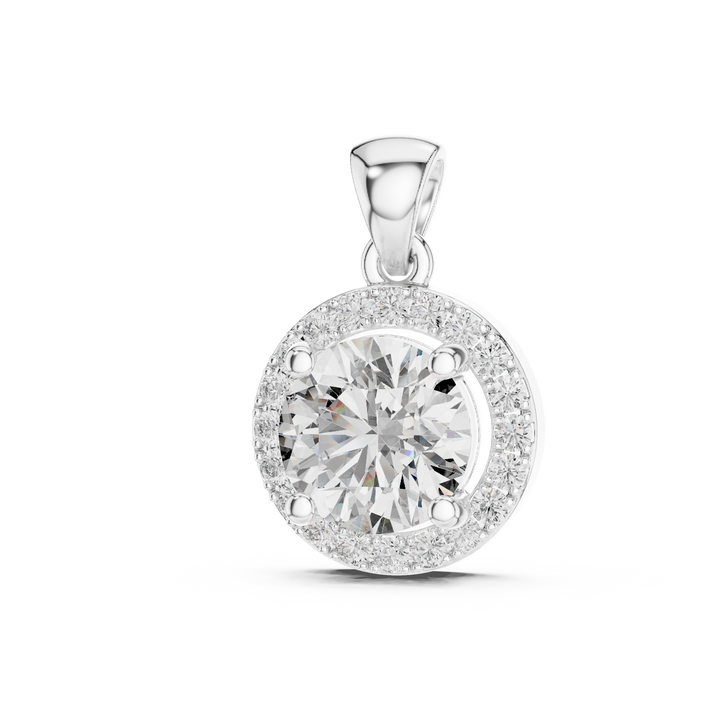 Contemporary Halo Diamond Necklace | Round Cut White Gold Pendant