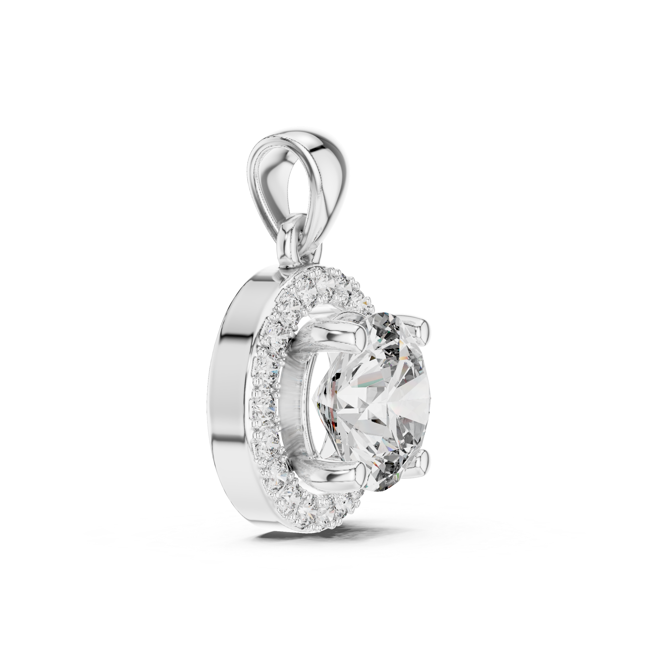 Contemporary Halo Diamond Necklace | Round Cut White Gold Pendant