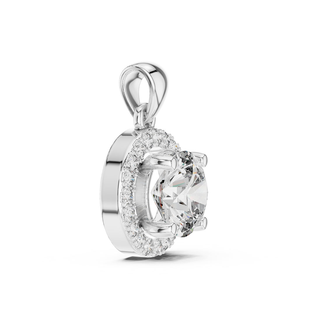 Contemporary Halo Diamond Necklace | Round Cut White Gold Pendant