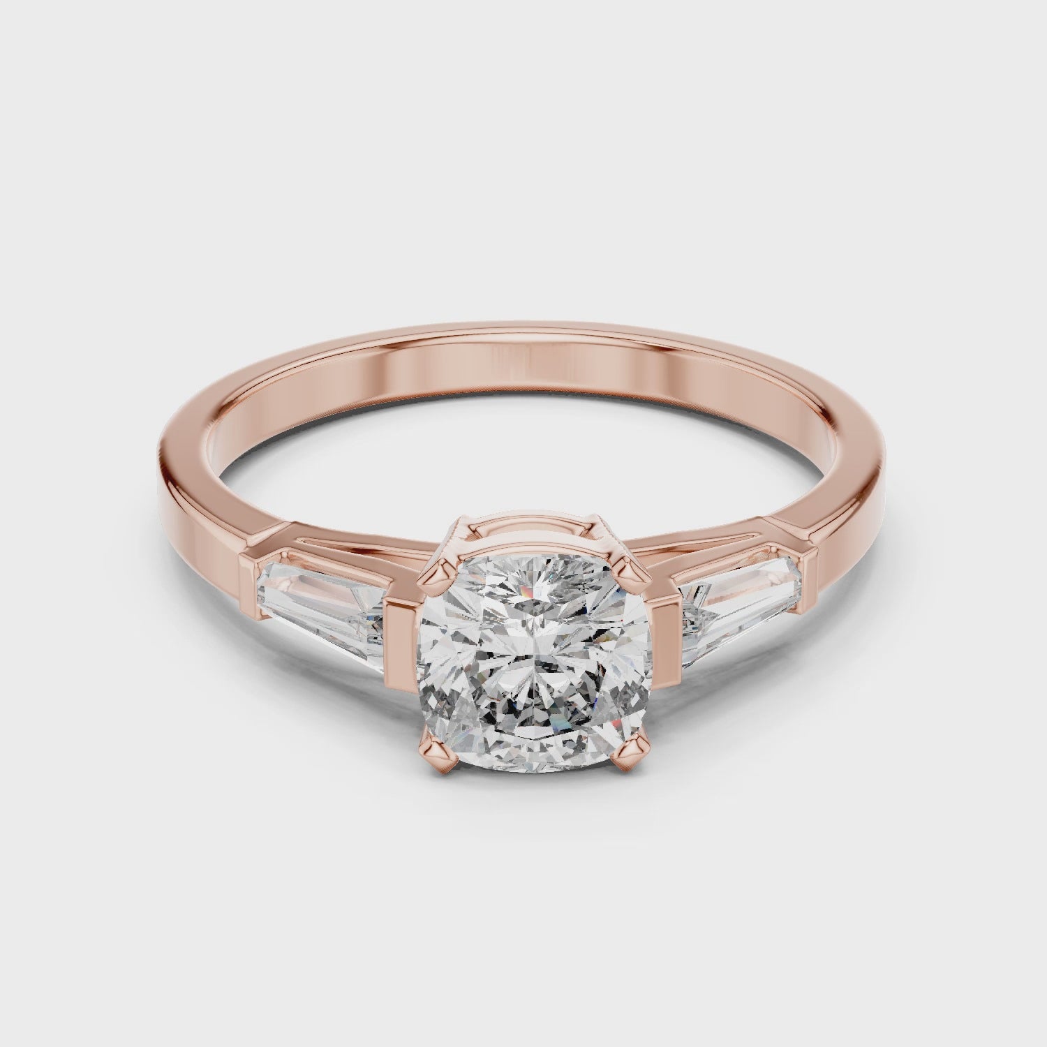 Cushion Cut Diamond Three Stone Engagement Ring in White Gold – Tapered Side Stones