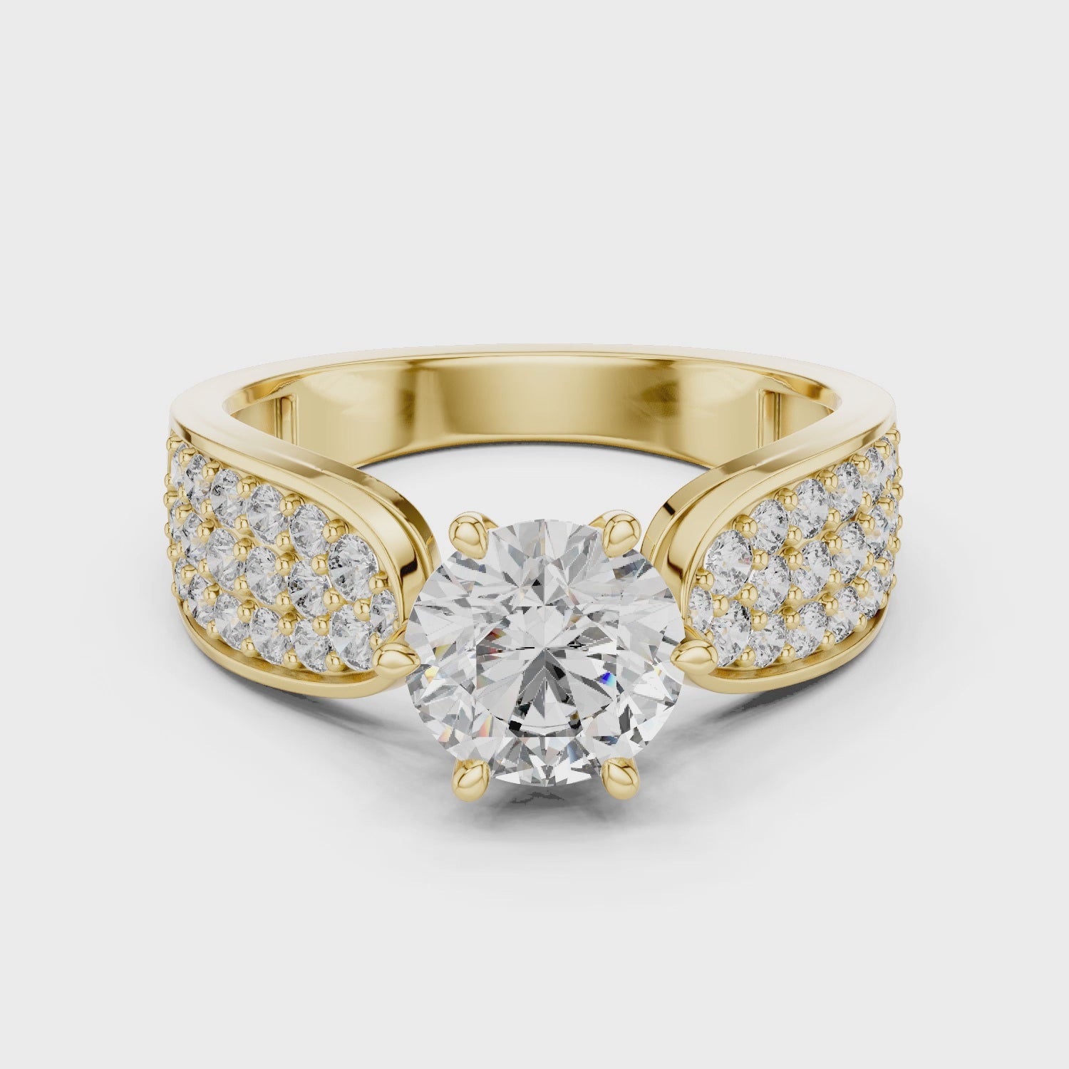 Stunning Round Diamond Ring with Bold Pave Shoulders in Gold